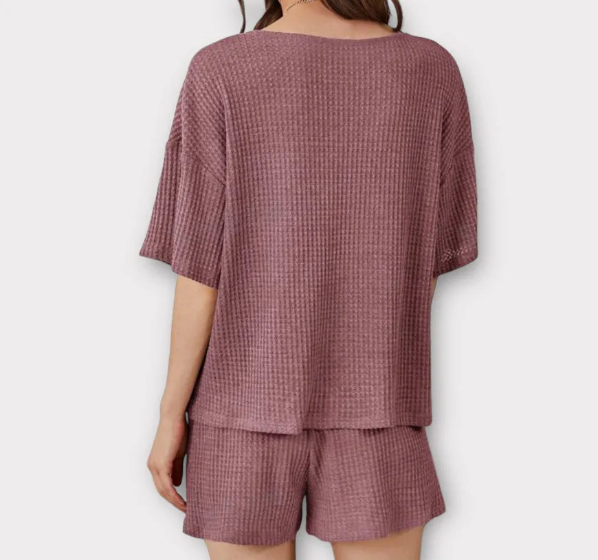 2 Piece Waffle Knit Short and Short Sleeve Top Lounge Pajama Set
