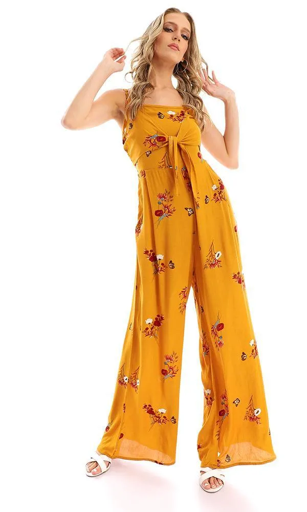 57748 Elastic Open Back Floral Jumpsuit - Mustard