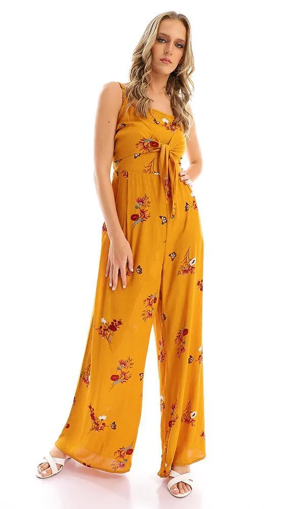 57748 Elastic Open Back Floral Jumpsuit - Mustard