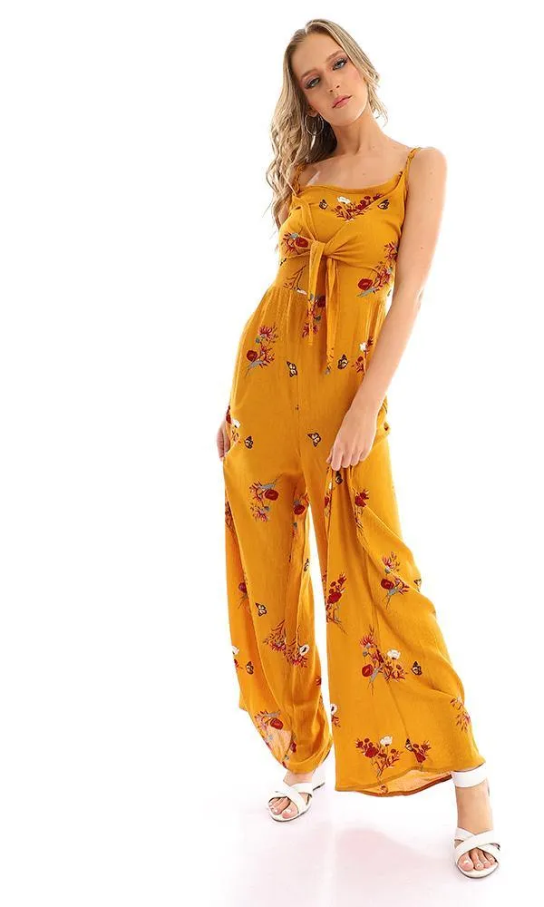 57748 Elastic Open Back Floral Jumpsuit - Mustard