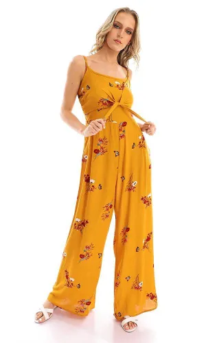 57748 Elastic Open Back Floral Jumpsuit - Mustard
