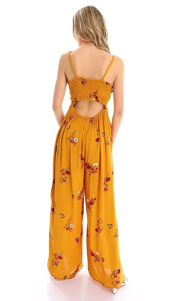 57748 Elastic Open Back Floral Jumpsuit - Mustard