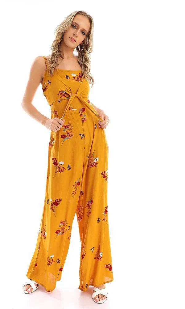57748 Elastic Open Back Floral Jumpsuit - Mustard