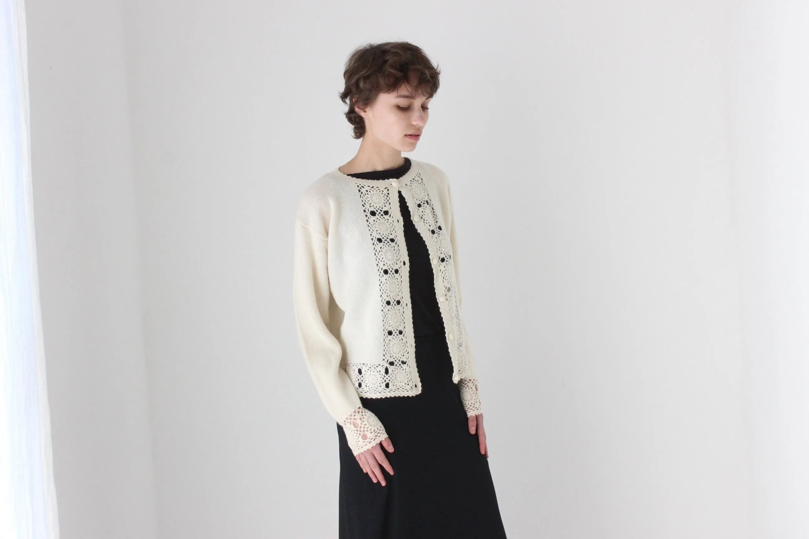 90s Lambswool & Angora Cardigan w/ Doily Crochet Trim