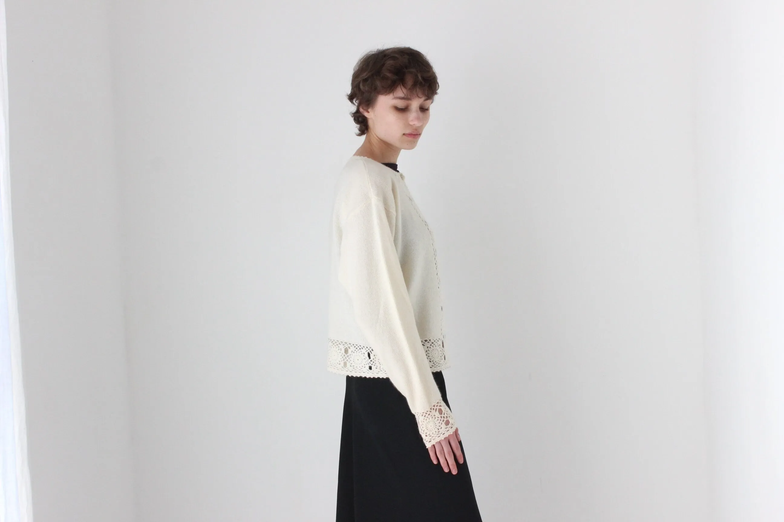 90s Lambswool & Angora Cardigan w/ Doily Crochet Trim