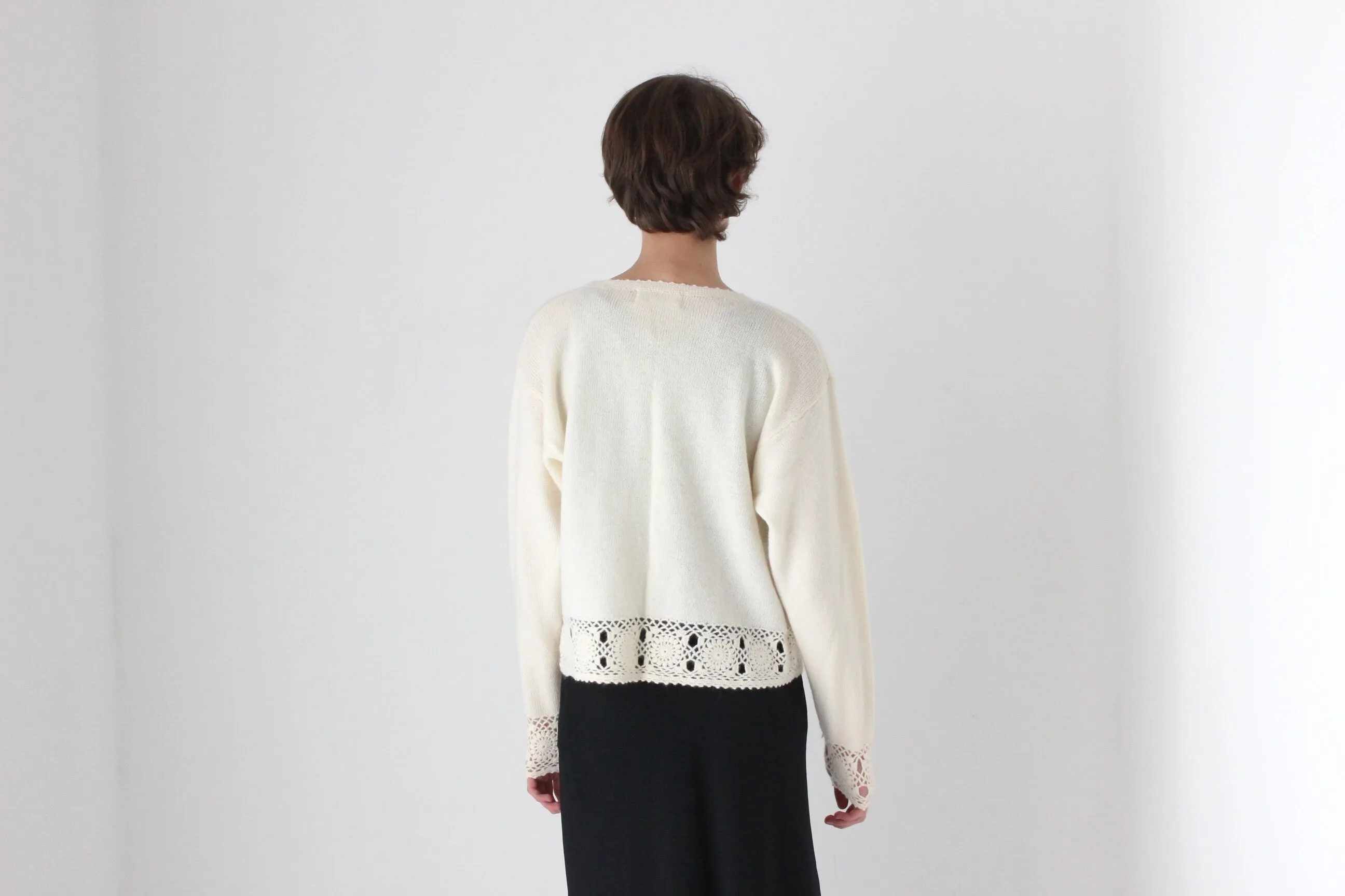 90s Lambswool & Angora Cardigan w/ Doily Crochet Trim