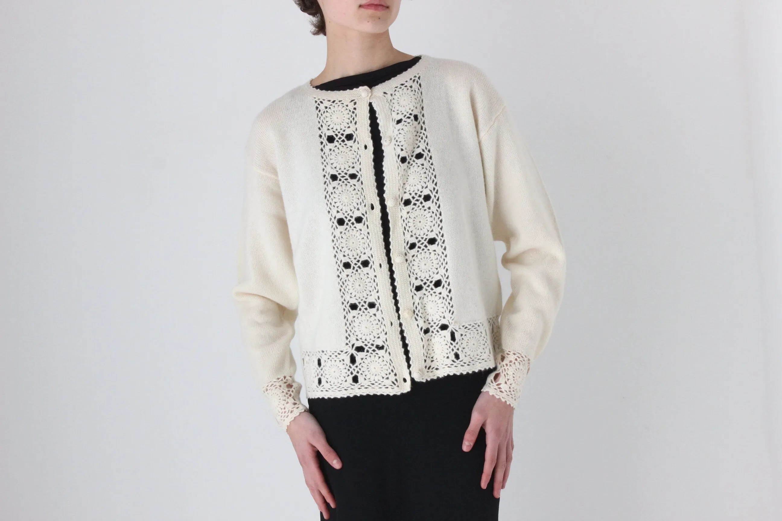 90s Lambswool & Angora Cardigan w/ Doily Crochet Trim