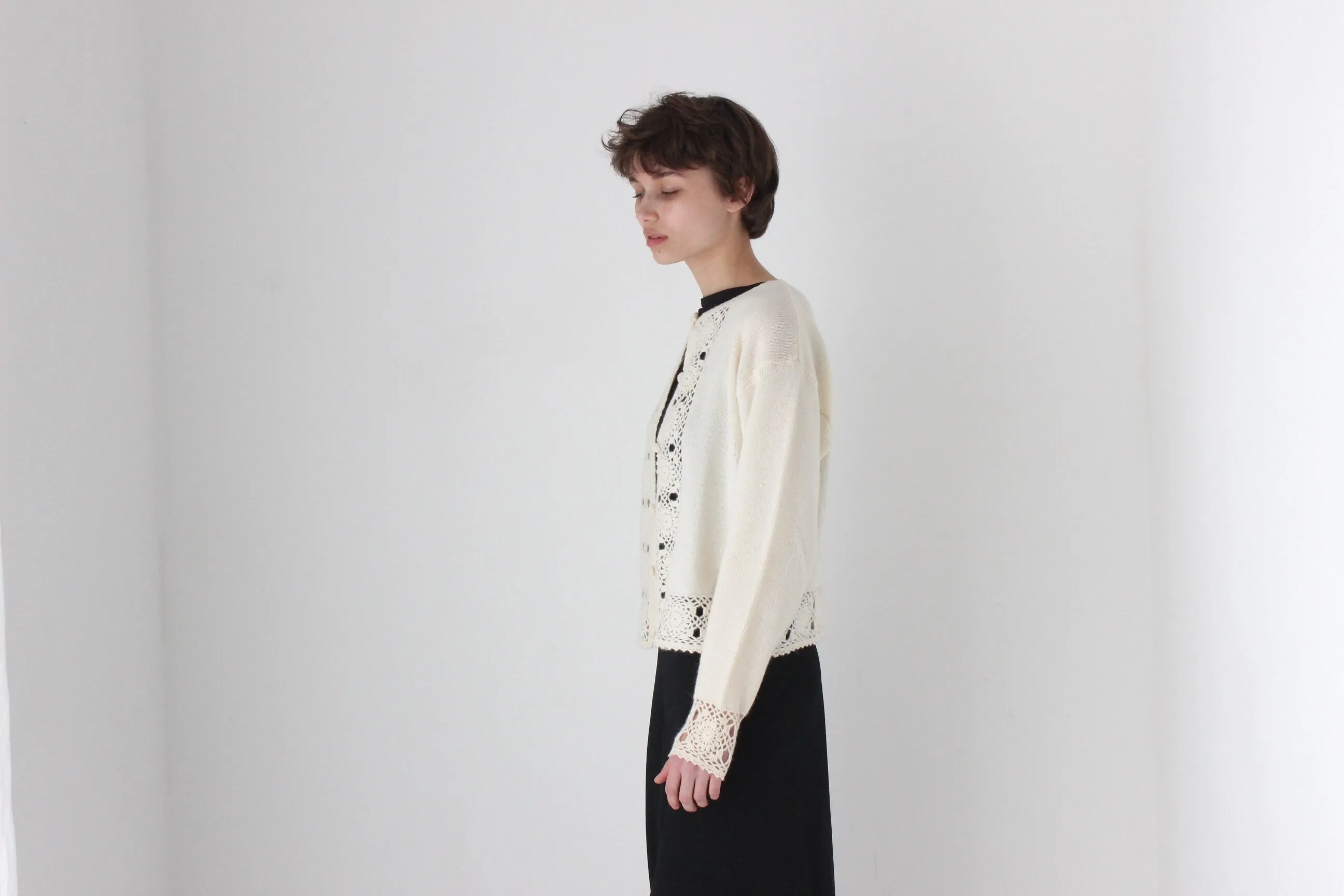 90s Lambswool & Angora Cardigan w/ Doily Crochet Trim