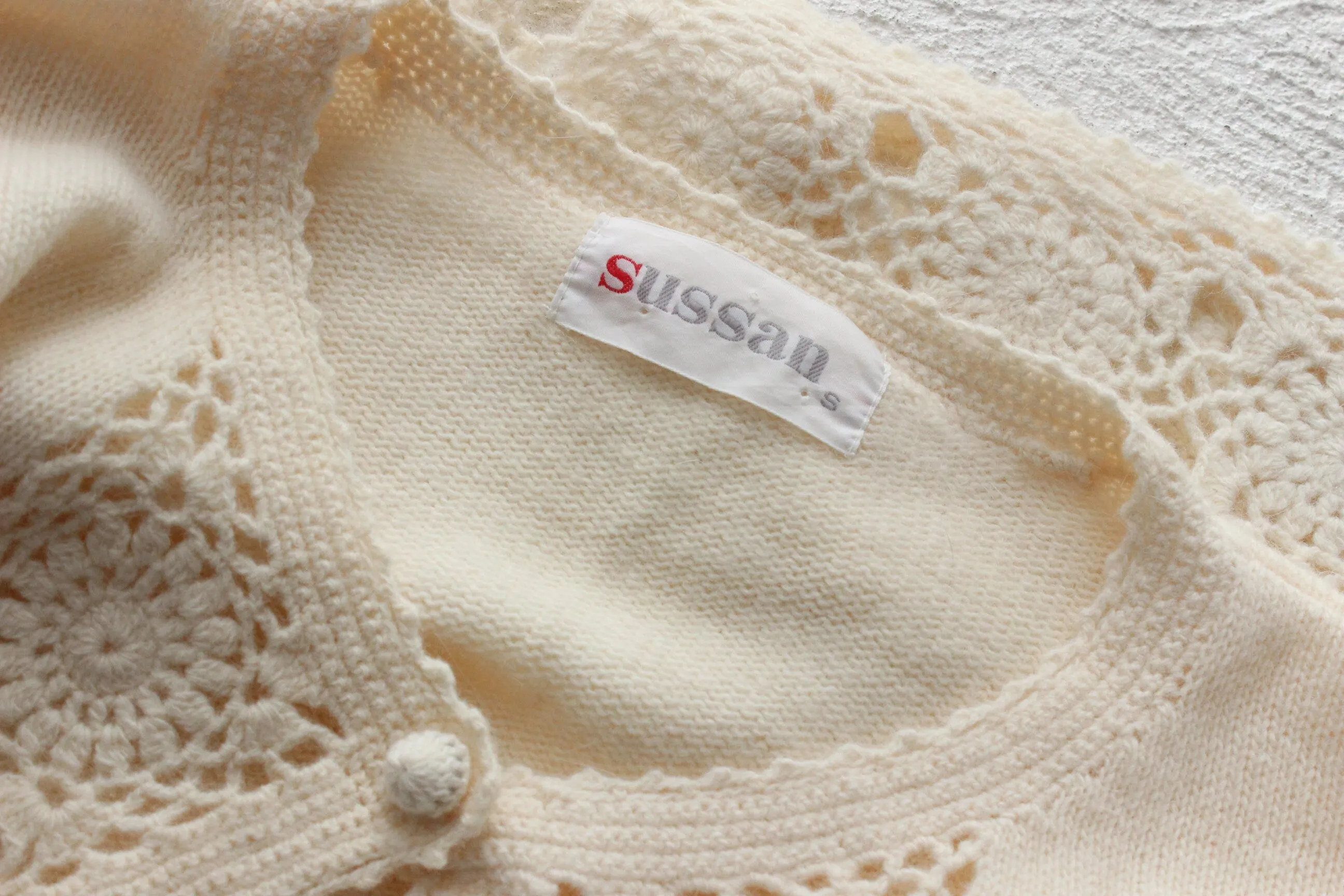 90s Lambswool & Angora Cardigan w/ Doily Crochet Trim