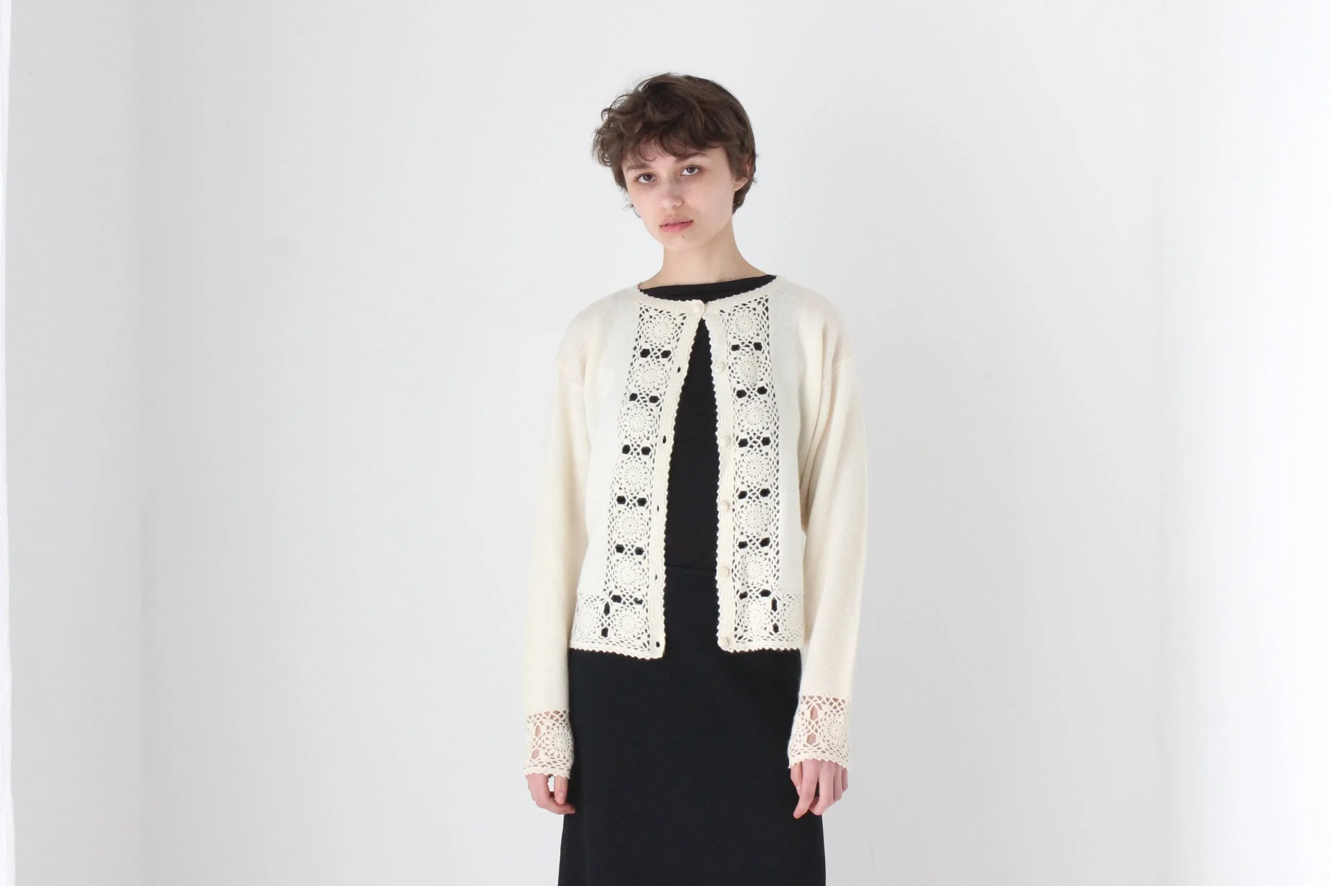 90s Lambswool & Angora Cardigan w/ Doily Crochet Trim