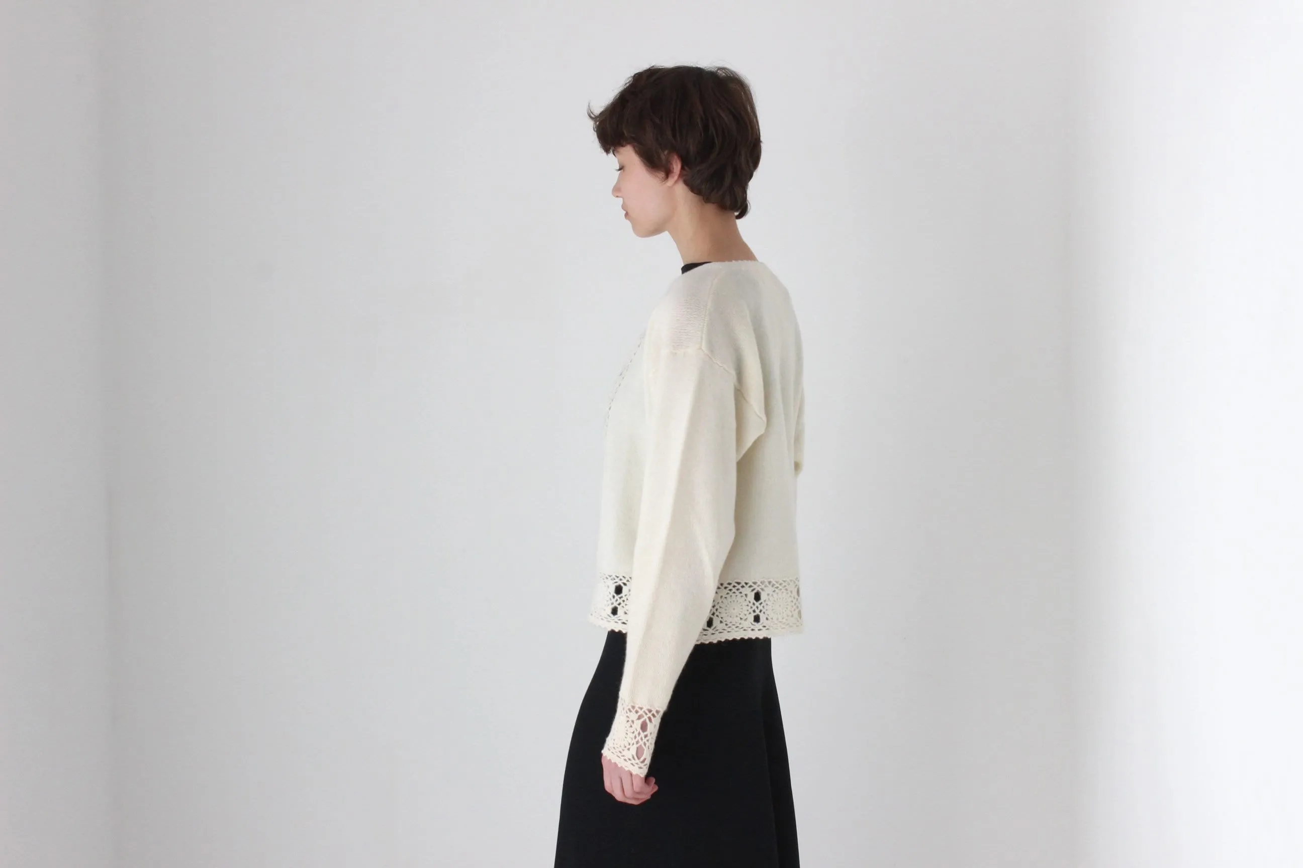 90s Lambswool & Angora Cardigan w/ Doily Crochet Trim