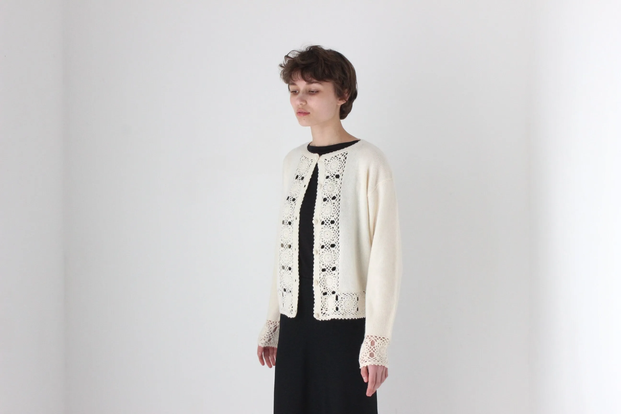 90s Lambswool & Angora Cardigan w/ Doily Crochet Trim