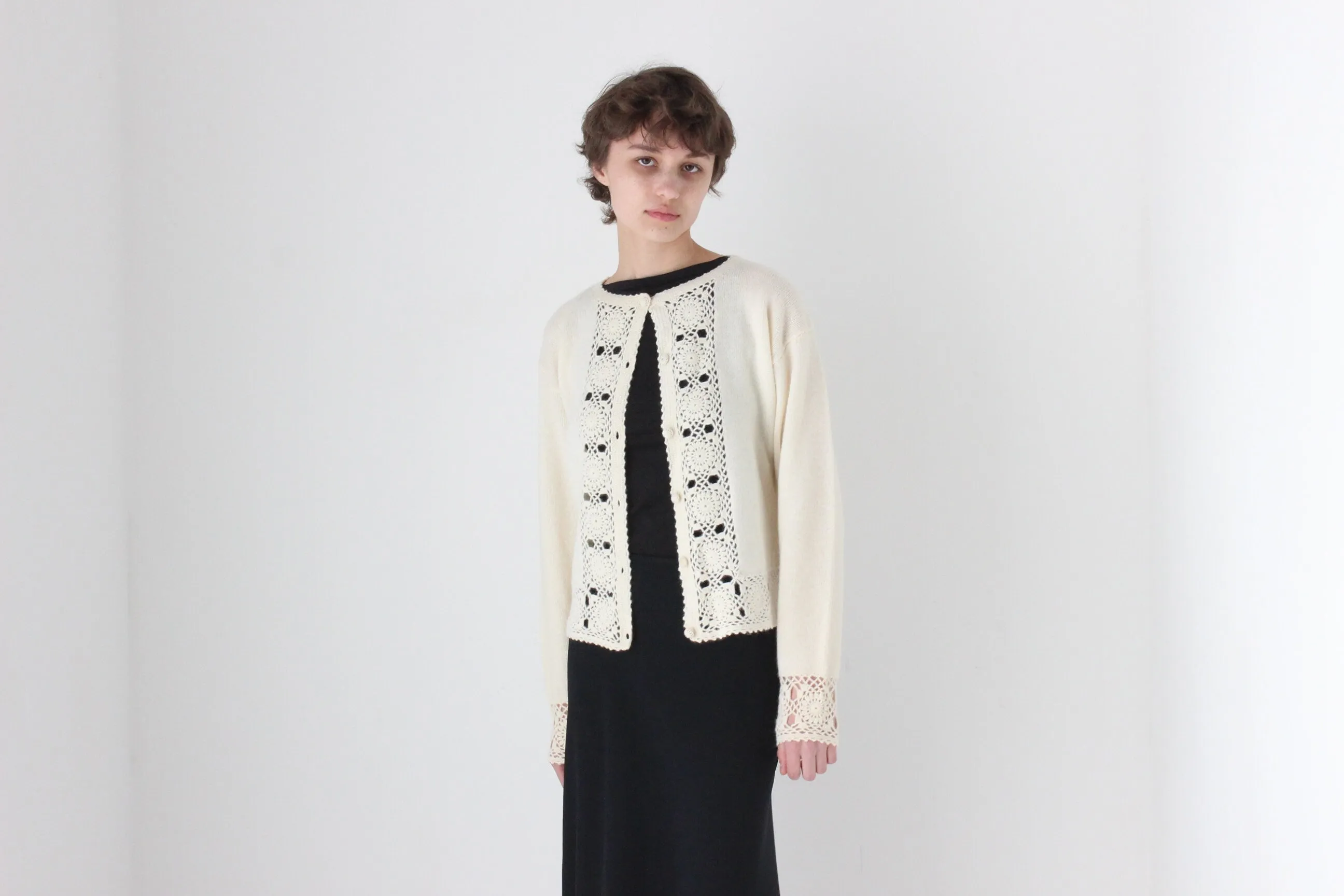 90s Lambswool & Angora Cardigan w/ Doily Crochet Trim