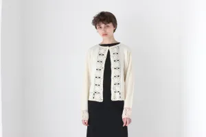 90s Lambswool & Angora Cardigan w/ Doily Crochet Trim