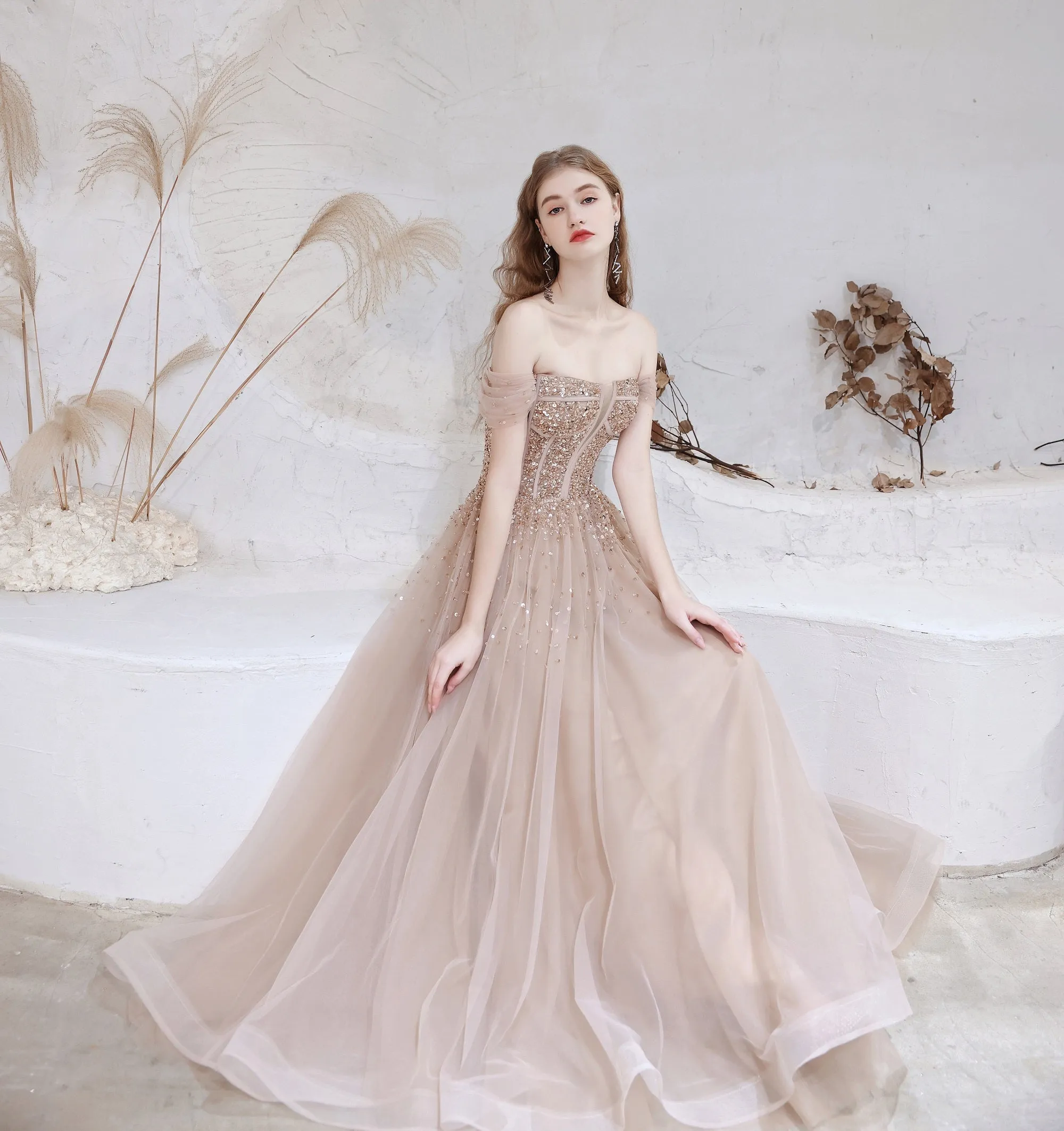 A Line Prom Dresses Strapless Starlight Princess Champagne Prom Dress Long Evening Dress