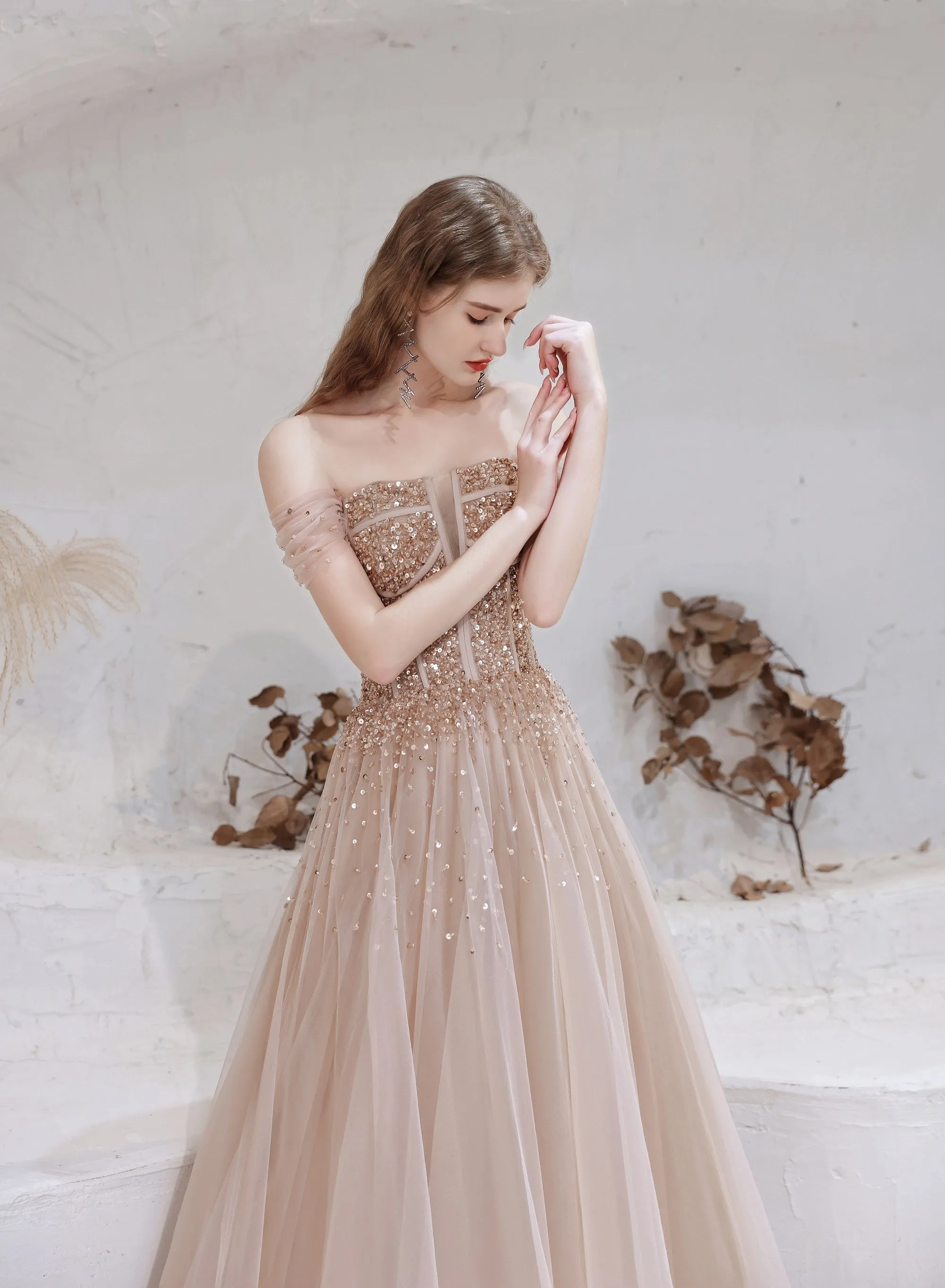 A Line Prom Dresses Strapless Starlight Princess Champagne Prom Dress Long Evening Dress