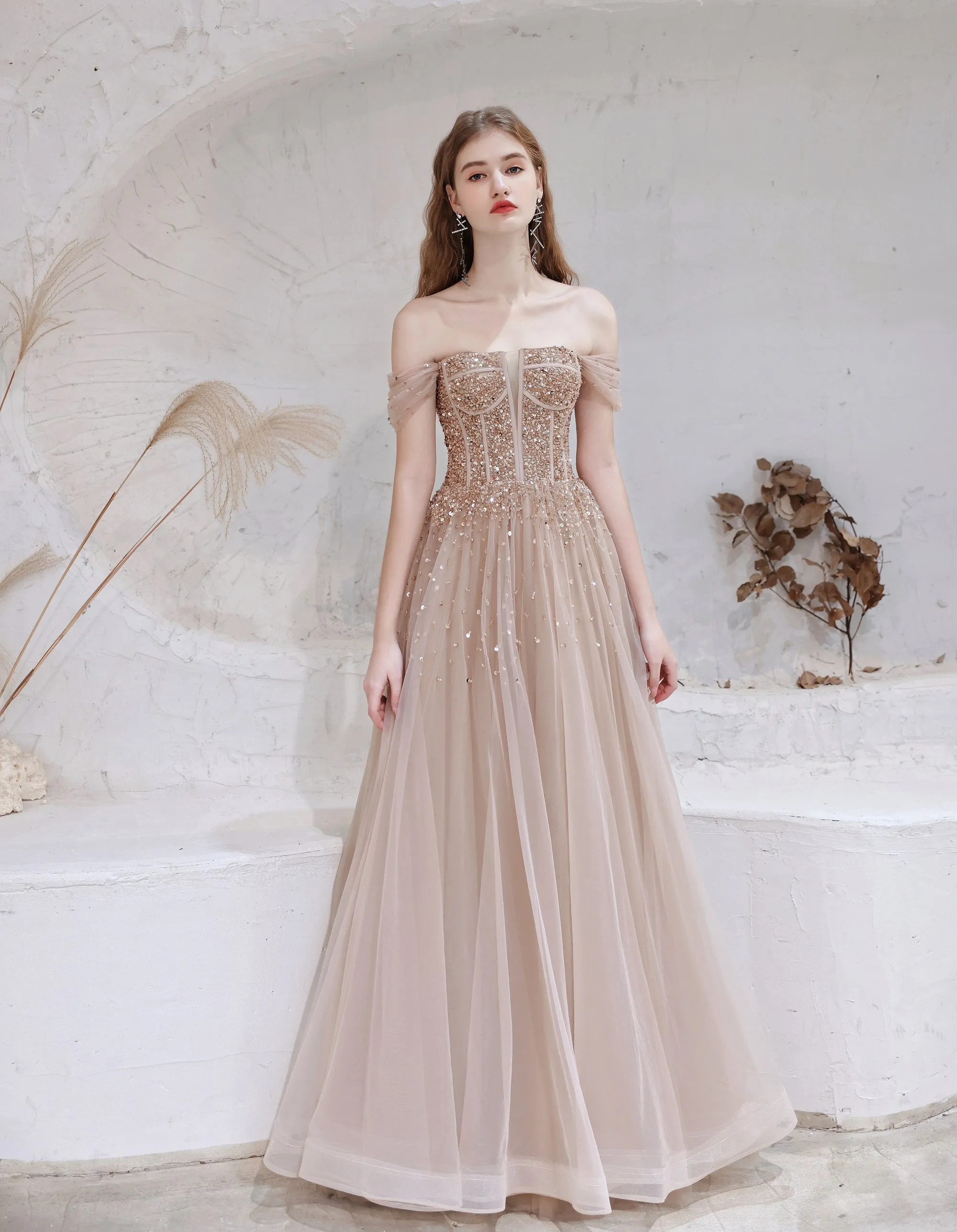 A Line Prom Dresses Strapless Starlight Princess Champagne Prom Dress Long Evening Dress