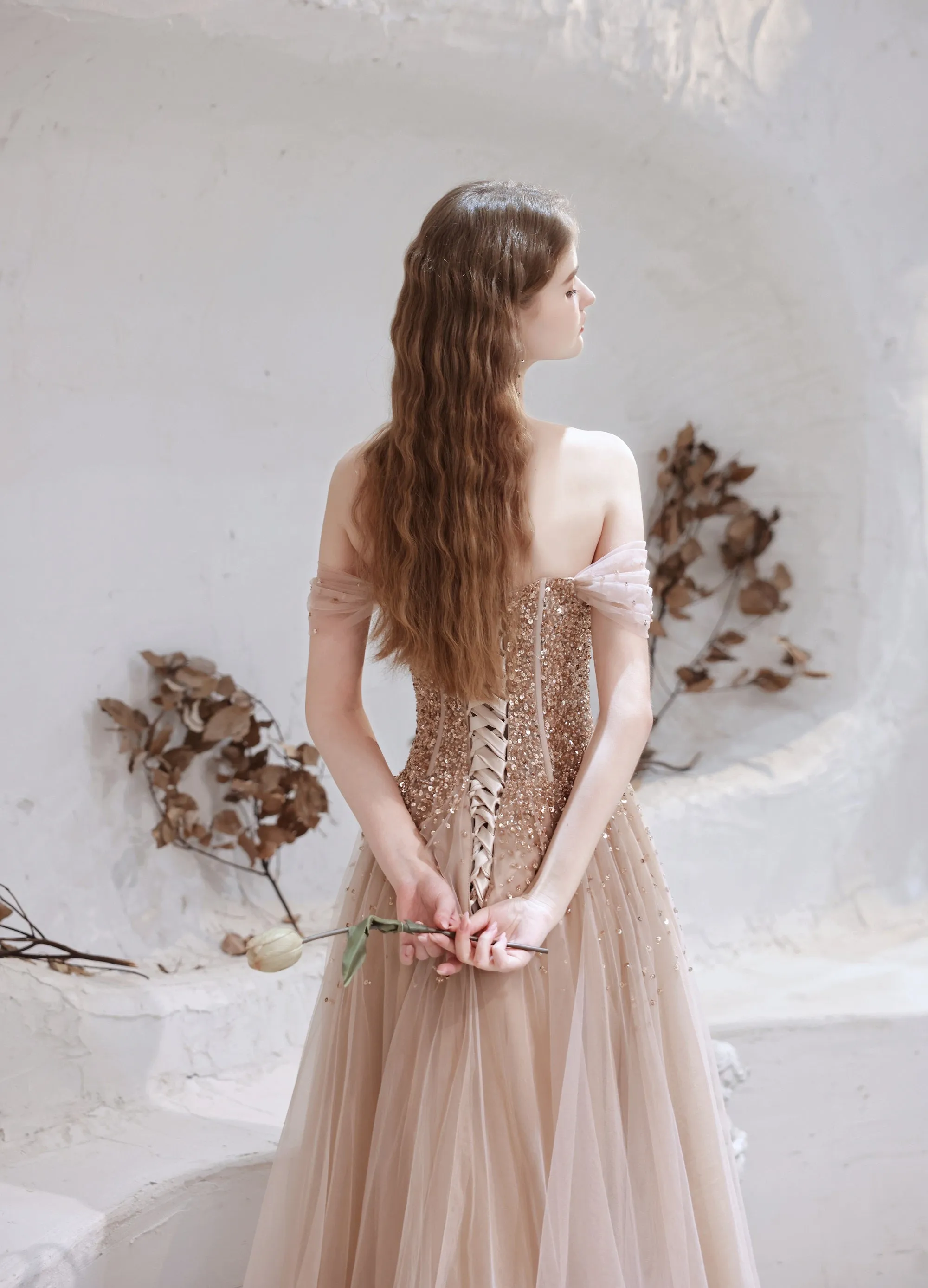 A Line Prom Dresses Strapless Starlight Princess Champagne Prom Dress Long Evening Dress