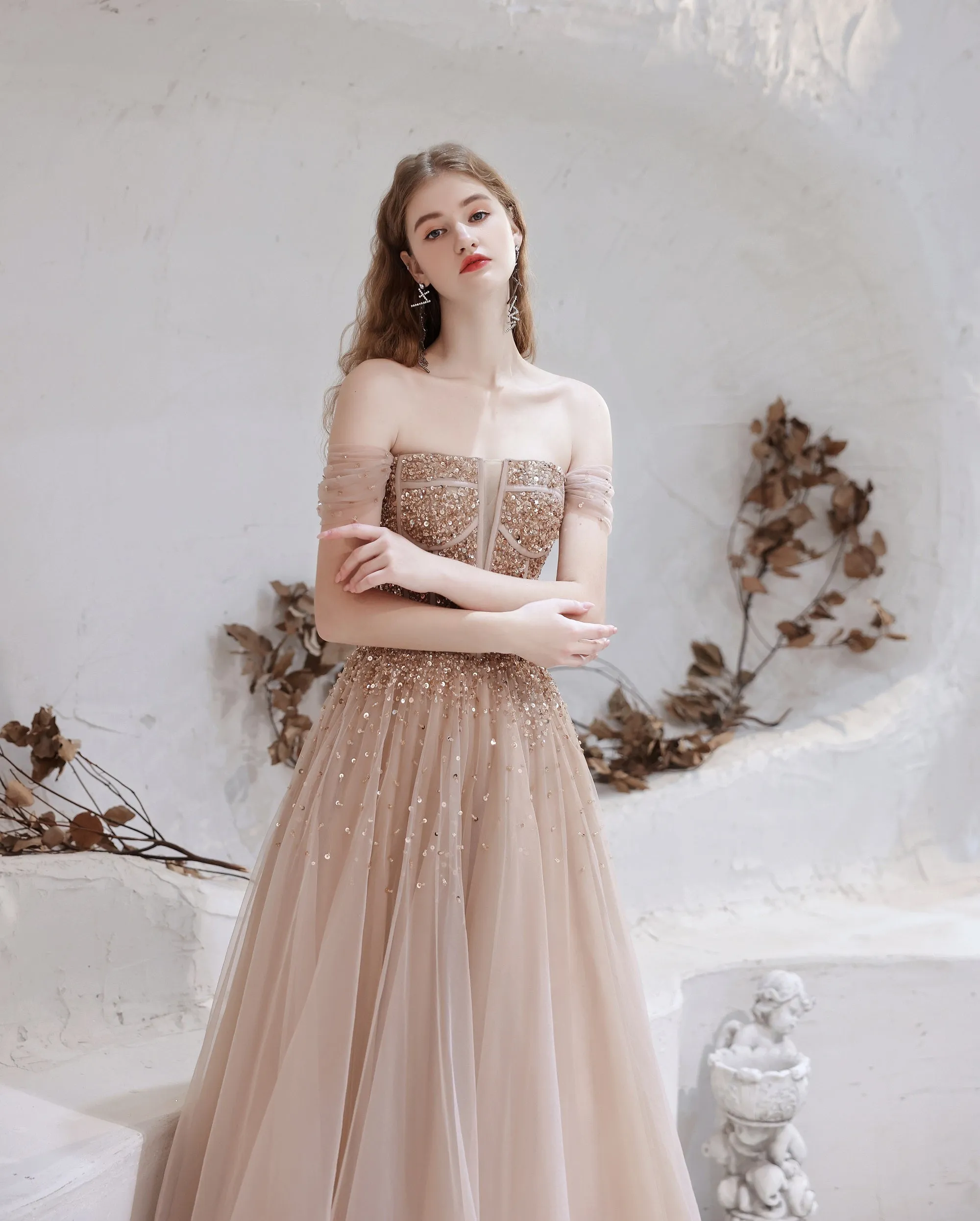 A Line Prom Dresses Strapless Starlight Princess Champagne Prom Dress Long Evening Dress