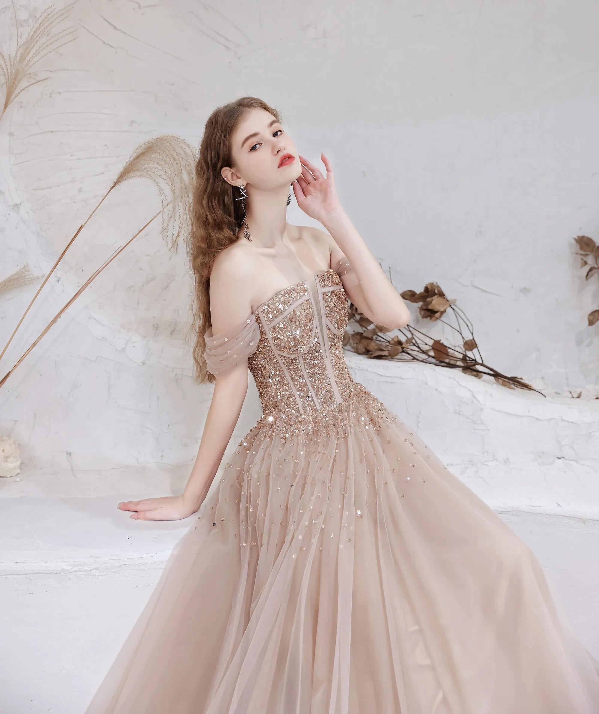 A Line Prom Dresses Strapless Starlight Princess Champagne Prom Dress Long Evening Dress