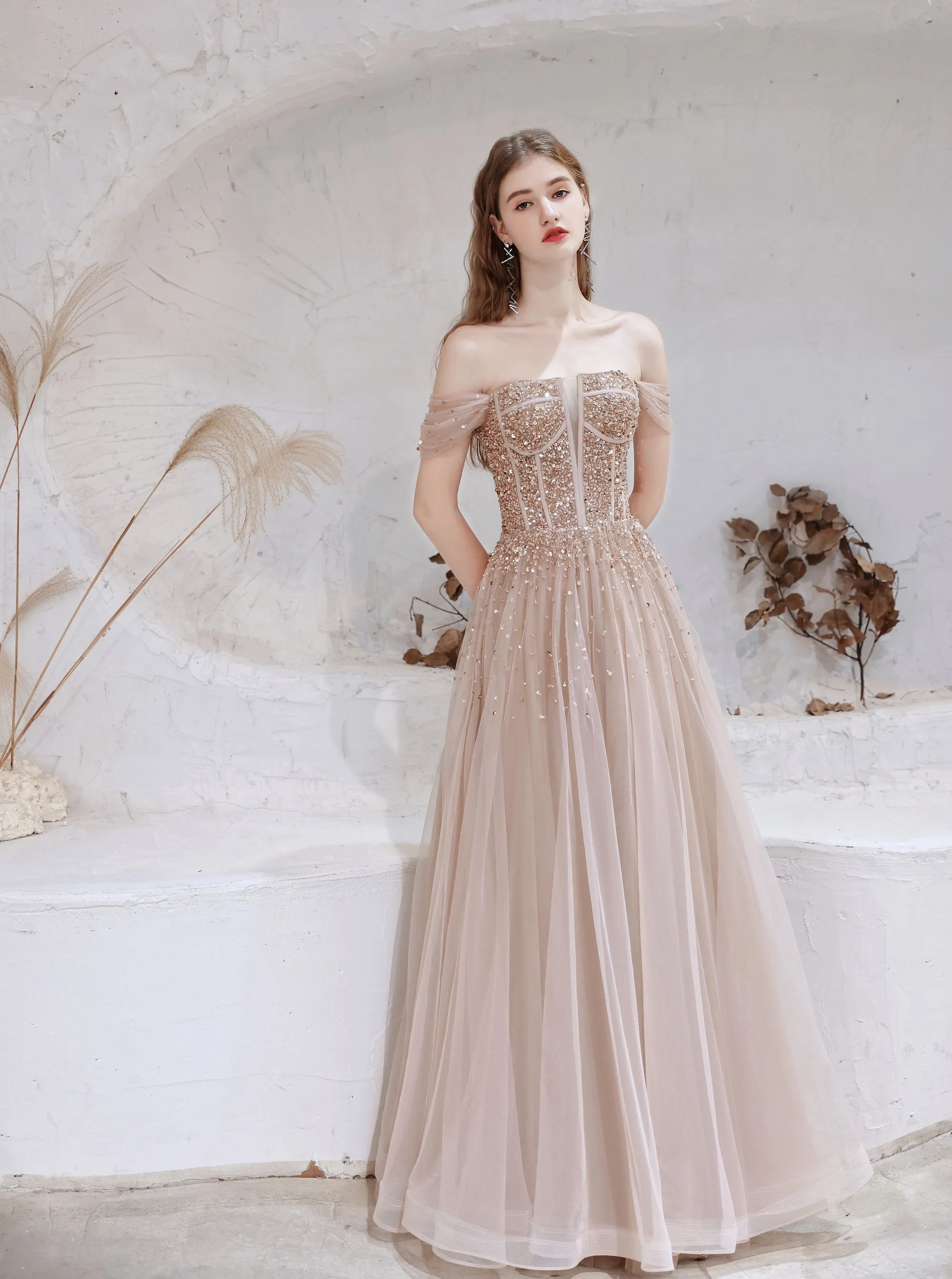 A Line Prom Dresses Strapless Starlight Princess Champagne Prom Dress Long Evening Dress