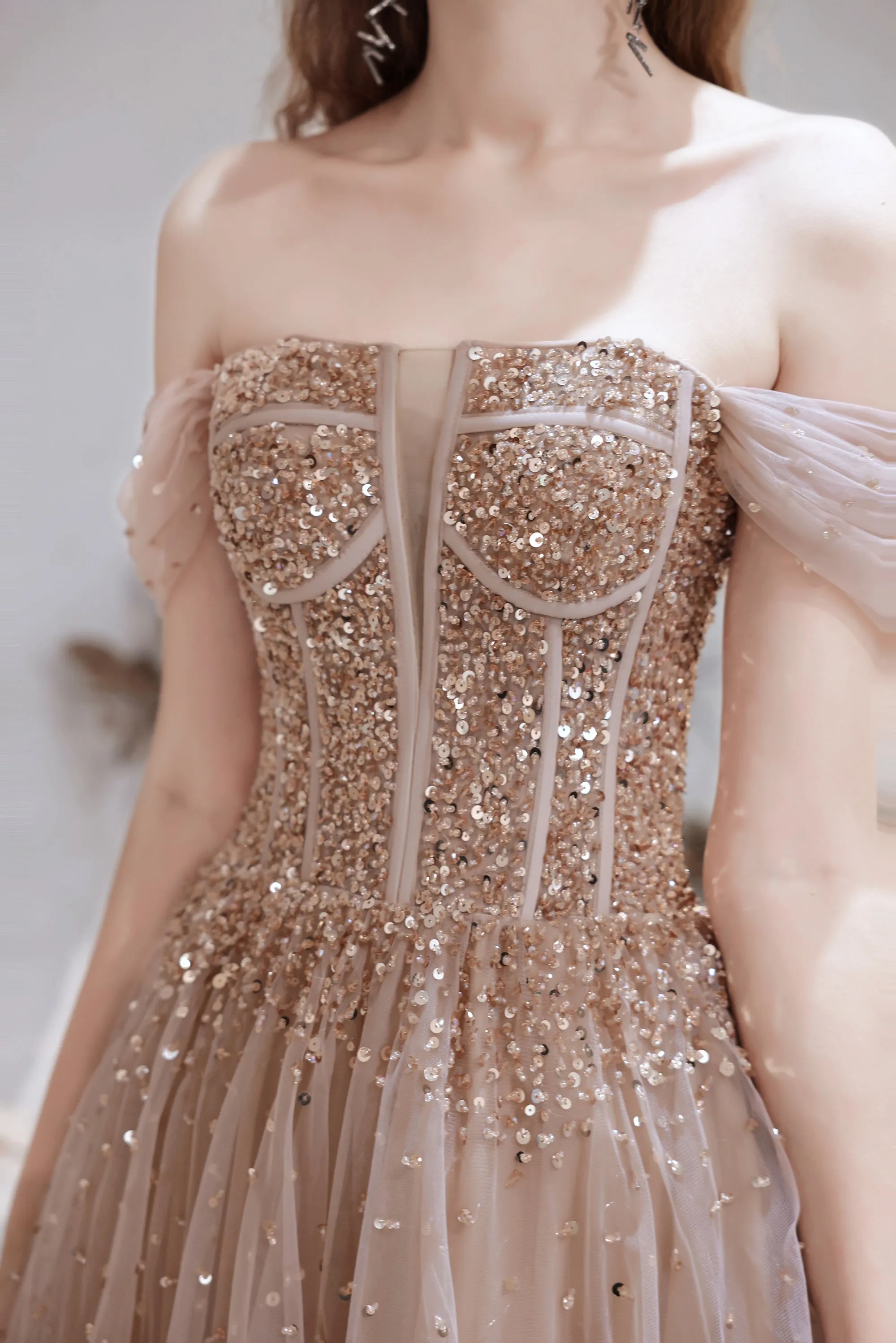 A Line Prom Dresses Strapless Starlight Princess Champagne Prom Dress Long Evening Dress