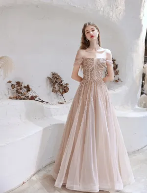 A Line Prom Dresses Strapless Starlight Princess Champagne Prom Dress Long Evening Dress