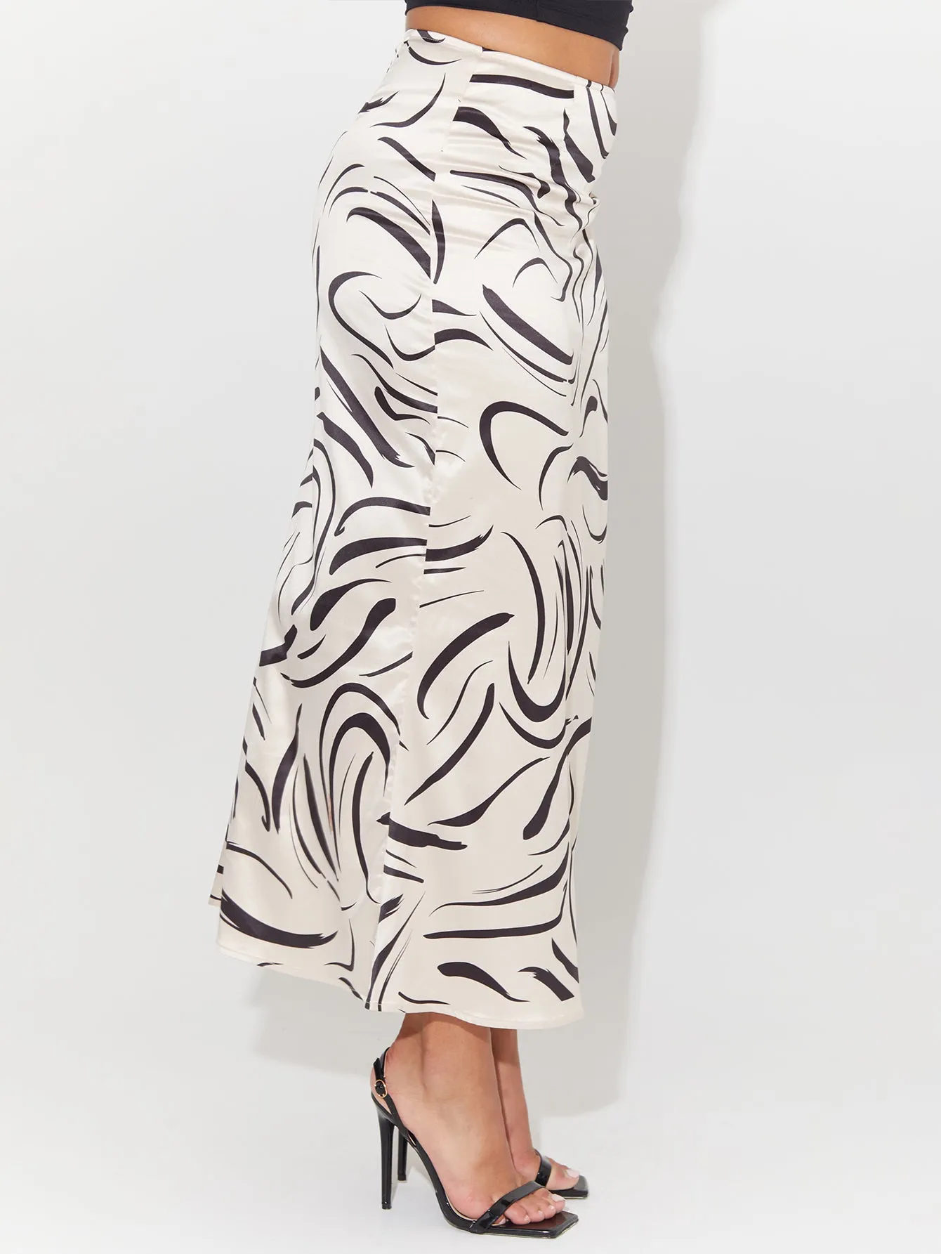 Abstract Print Satin Midi Skirt
