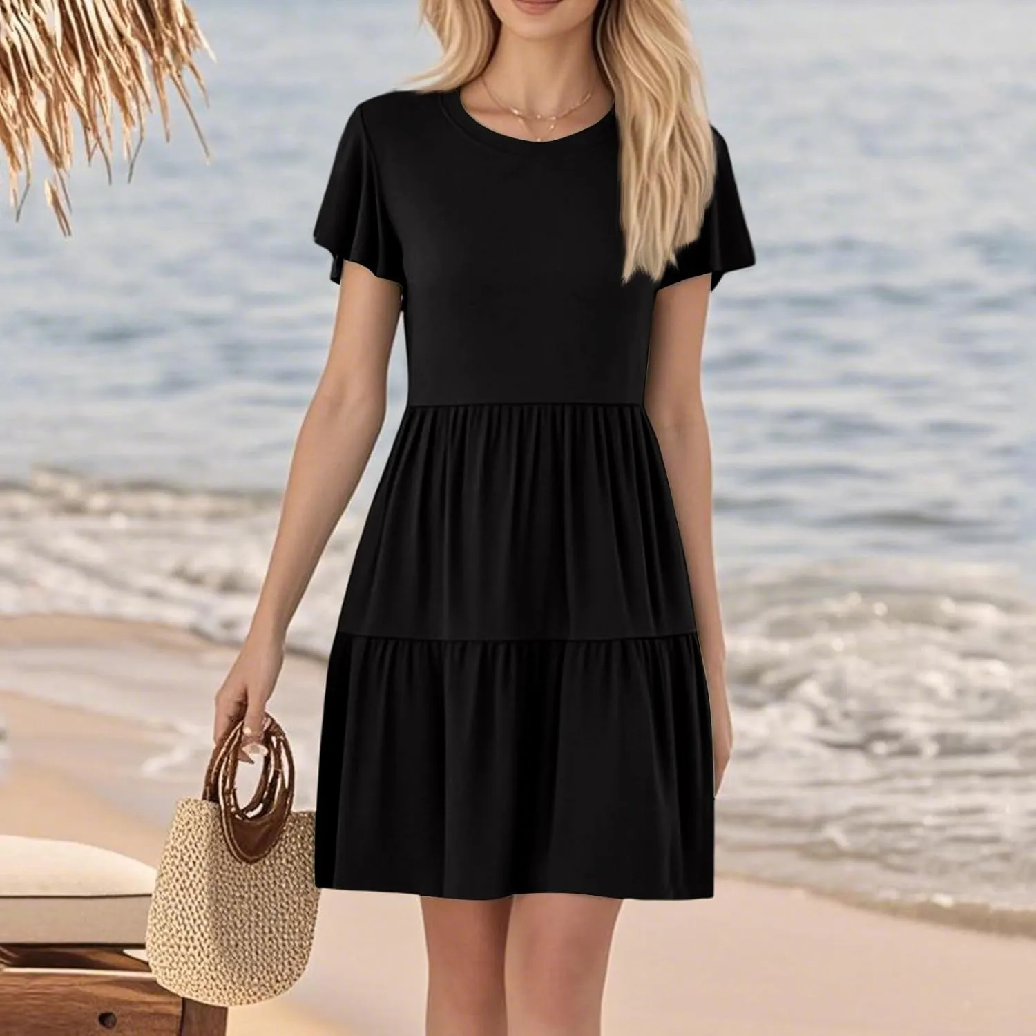 ADHOWBEW Dresses for Women 2025 Vacation Elegant O Neck Casual Trendy Floral Empire Waist Short Sleeve Dresses