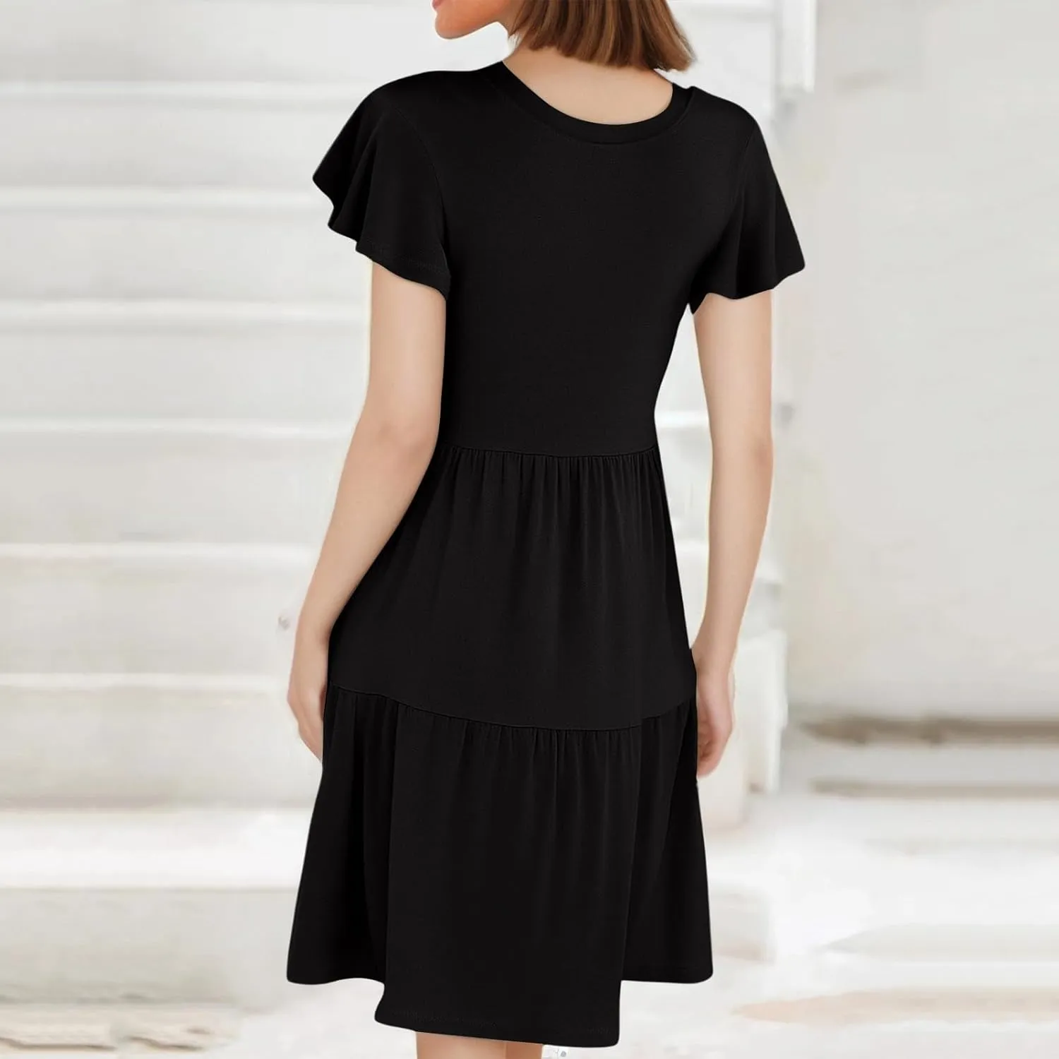 ADHOWBEW Dresses for Women 2025 Vacation Elegant O Neck Casual Trendy Floral Empire Waist Short Sleeve Dresses