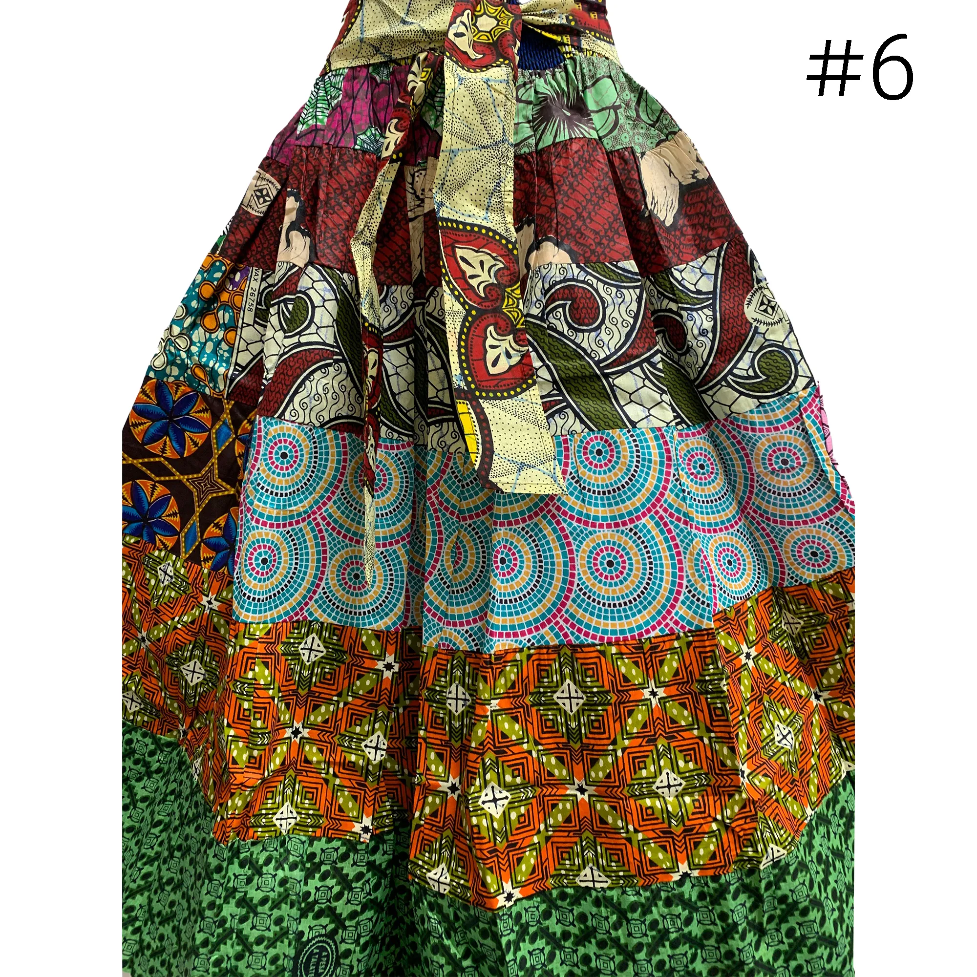 African Ethnic Print Cotton Patchwork Adjustable Flared Long Maxi Skirt