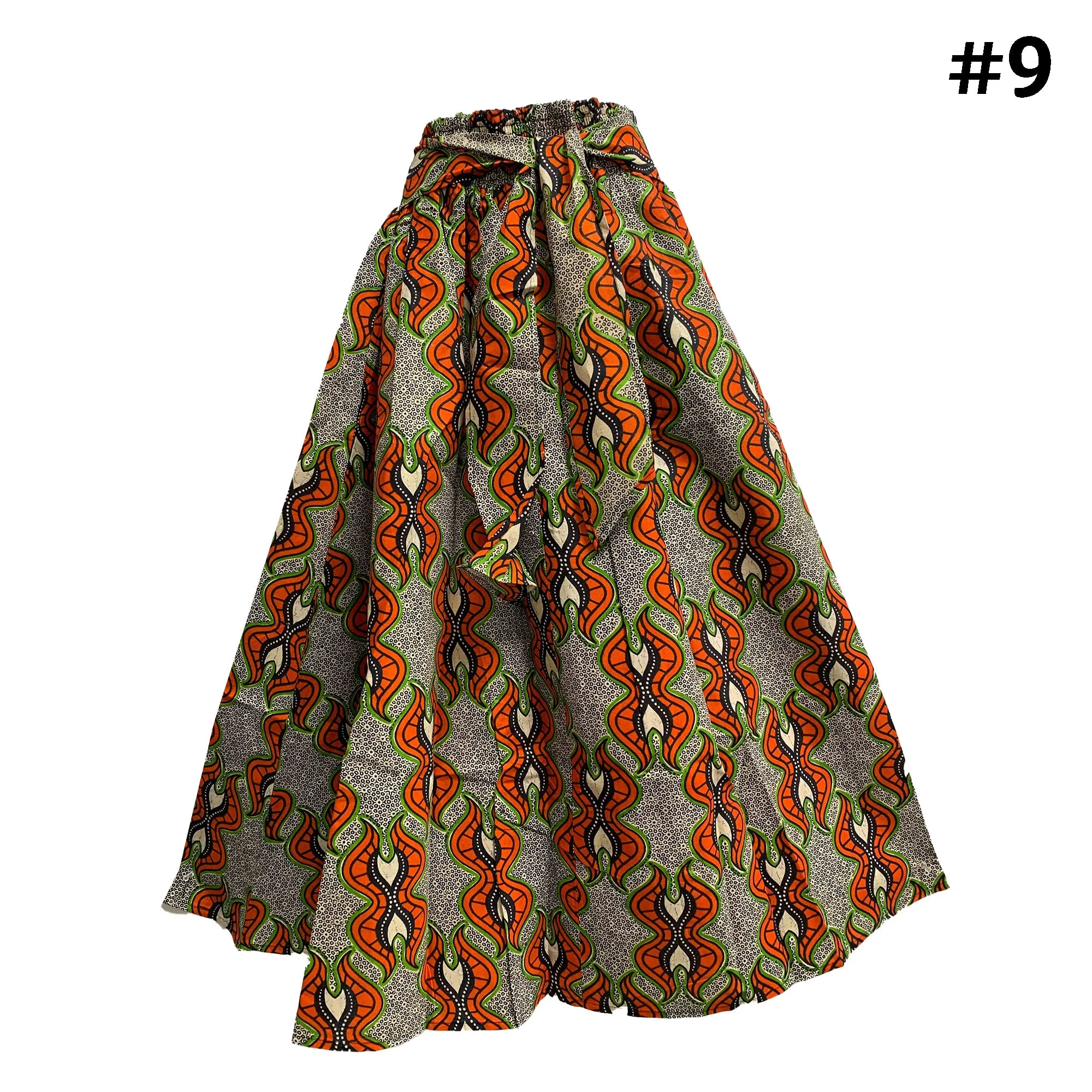 African Ethnic Print Cotton Patchwork Adjustable Flared Long Maxi Skirt
