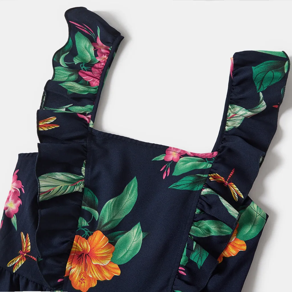 All Over Floral Print Ruffle Deep V Neck Sleeveless Dresses