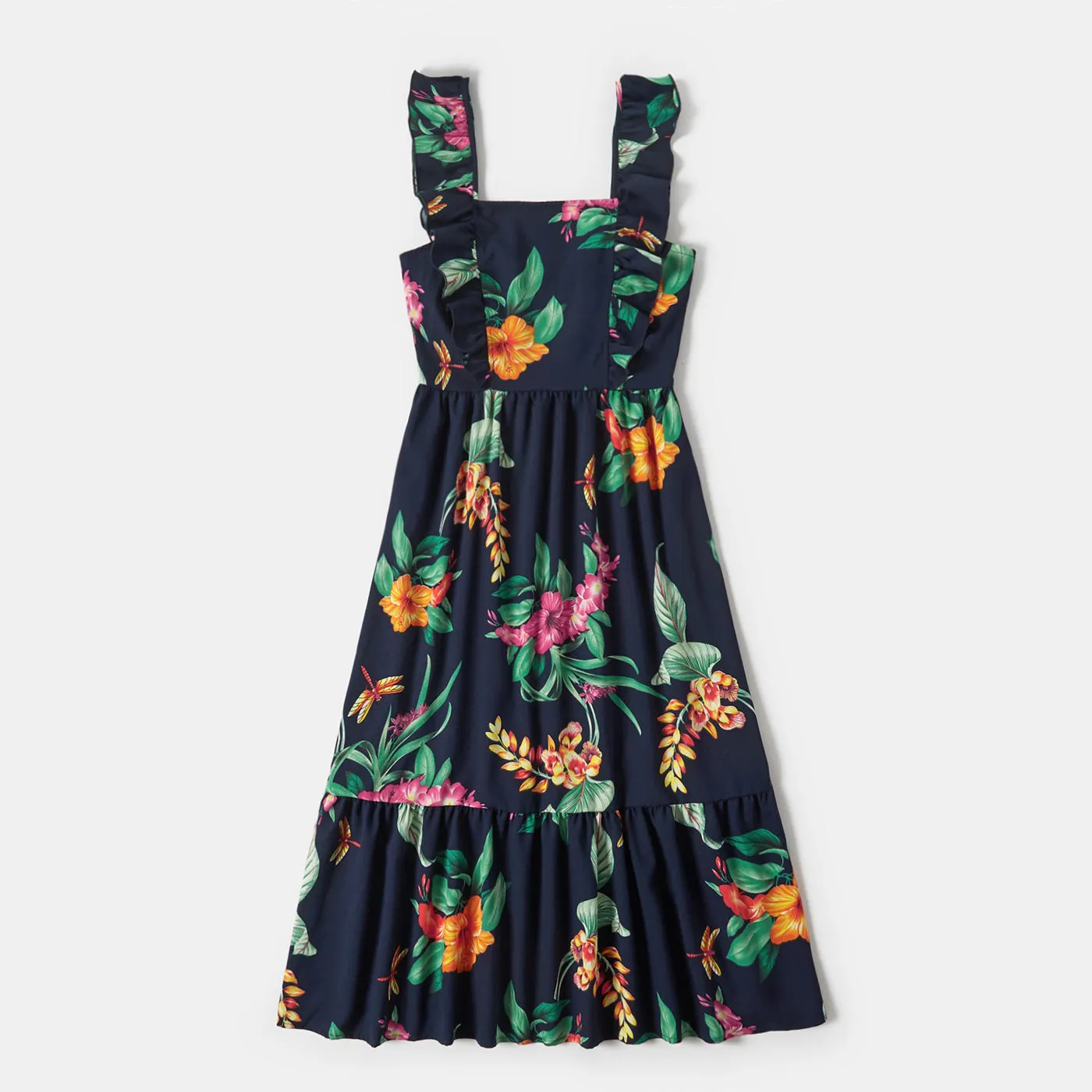 All Over Floral Print Ruffle Deep V Neck Sleeveless Dresses