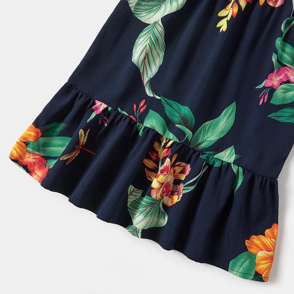 All Over Floral Print Ruffle Deep V Neck Sleeveless Dresses