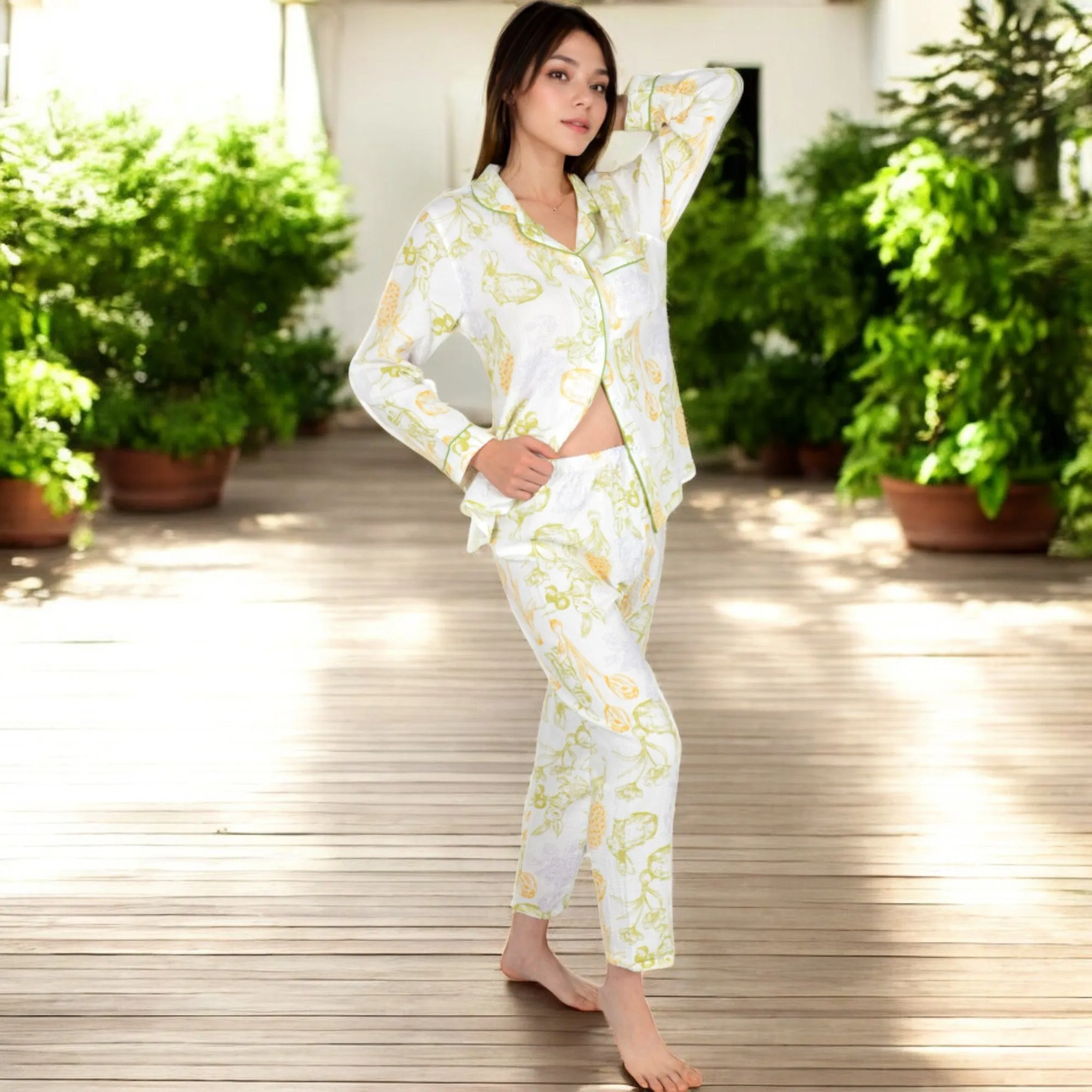 Anna-Kaci Women's Printed Gauze Pajama Set with Button-Up Shirt and Relaxed Fit Pants