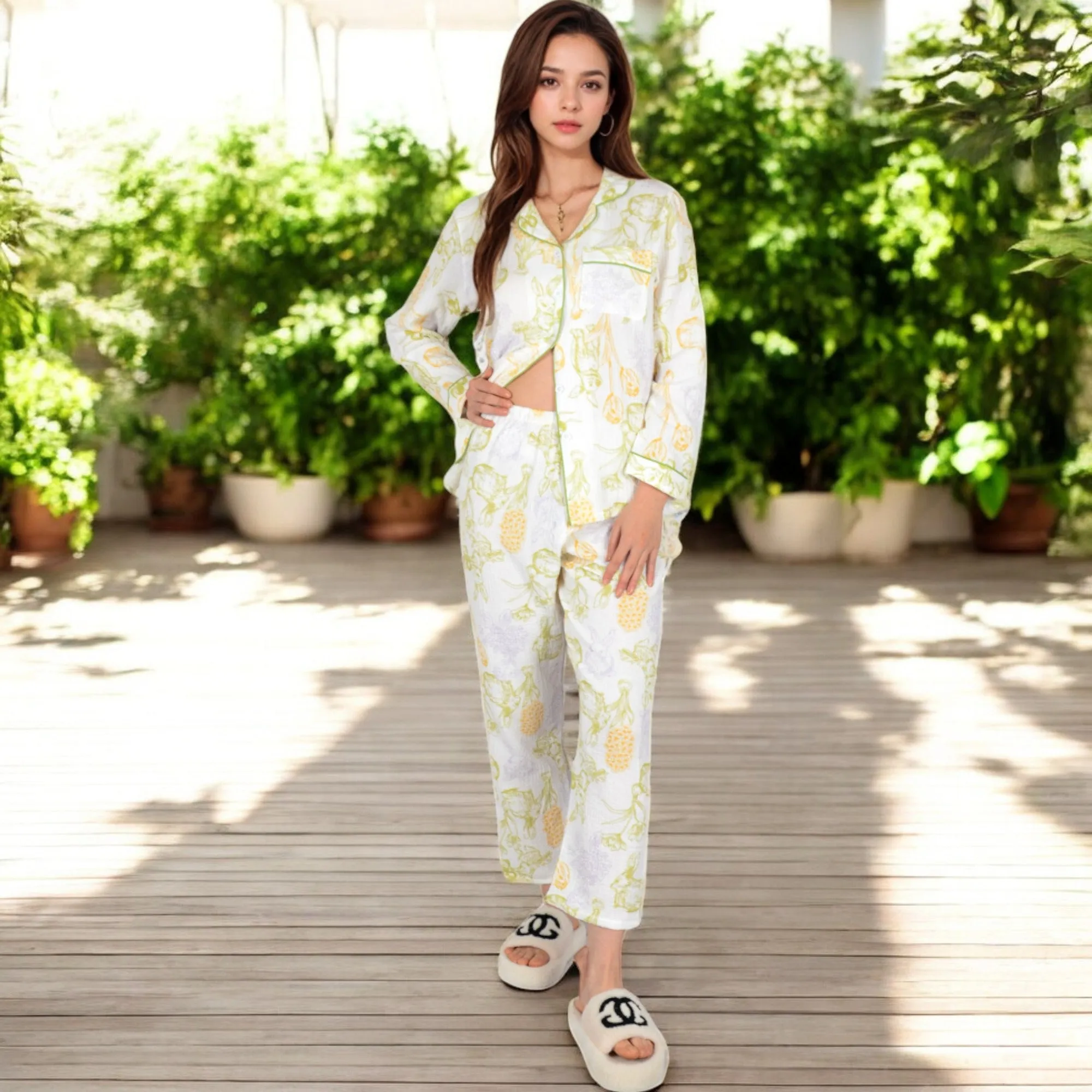Anna-Kaci Women's Printed Gauze Pajama Set with Button-Up Shirt and Relaxed Fit Pants