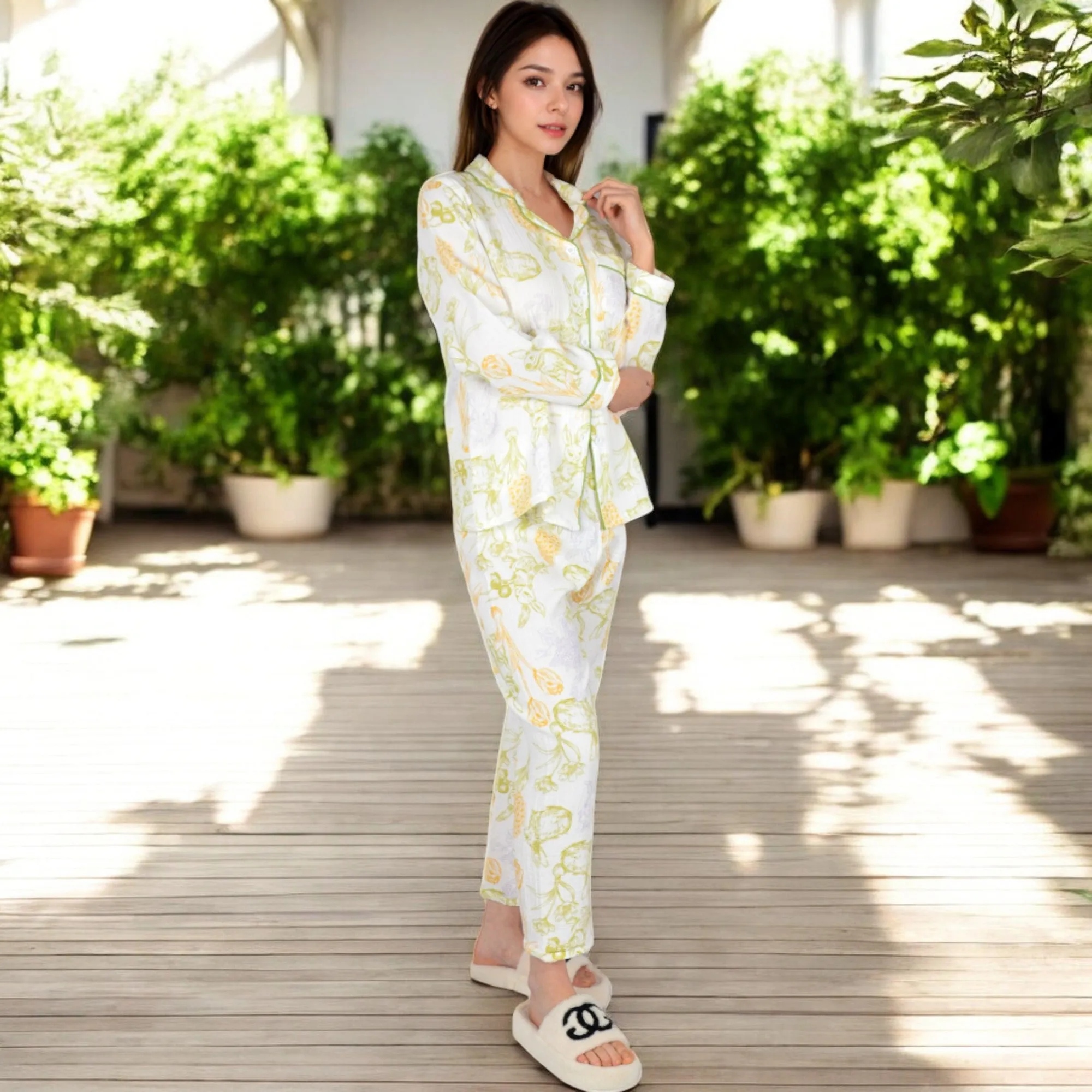 Anna-Kaci Women's Printed Gauze Pajama Set with Button-Up Shirt and Relaxed Fit Pants