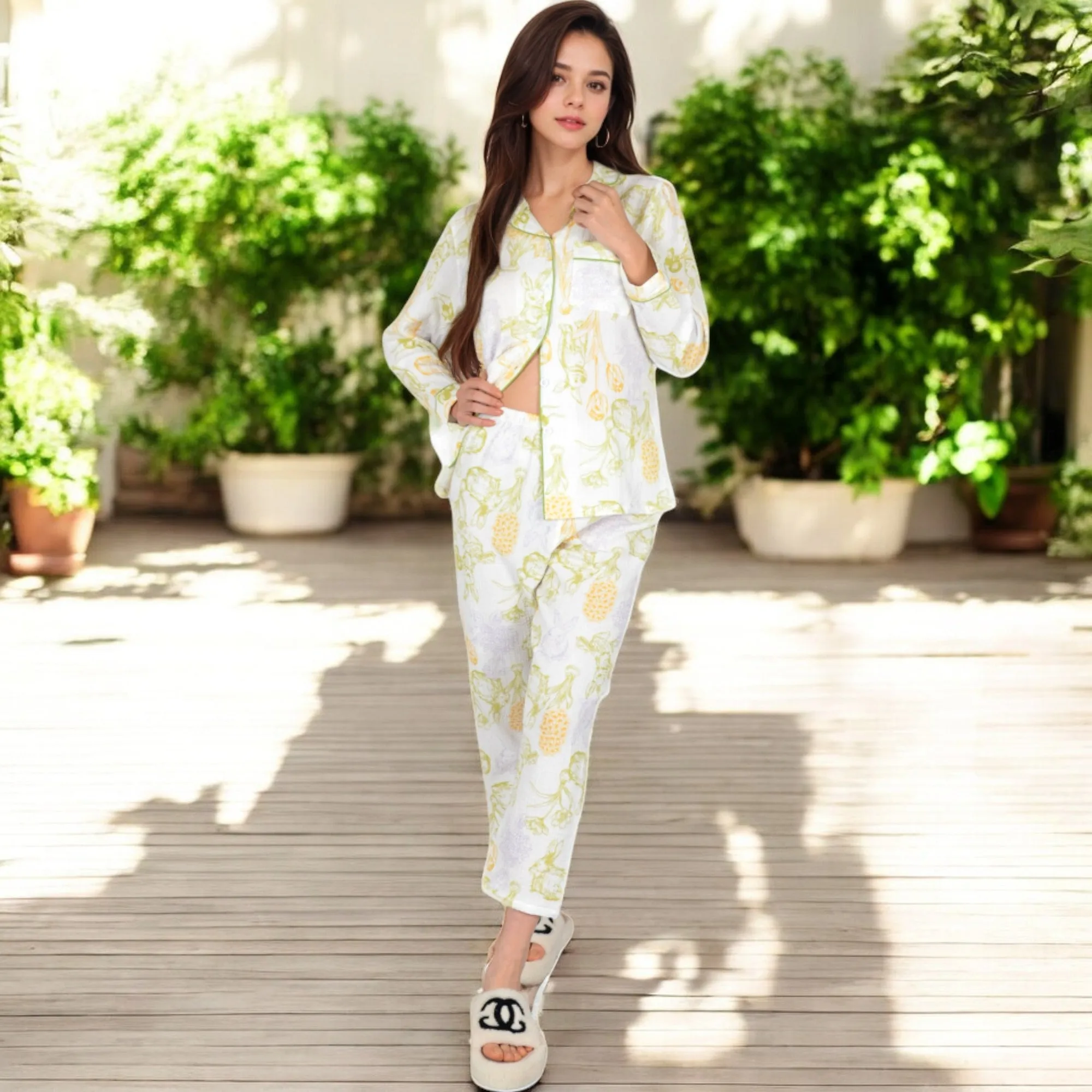 Anna-Kaci Women's Printed Gauze Pajama Set with Button-Up Shirt and Relaxed Fit Pants