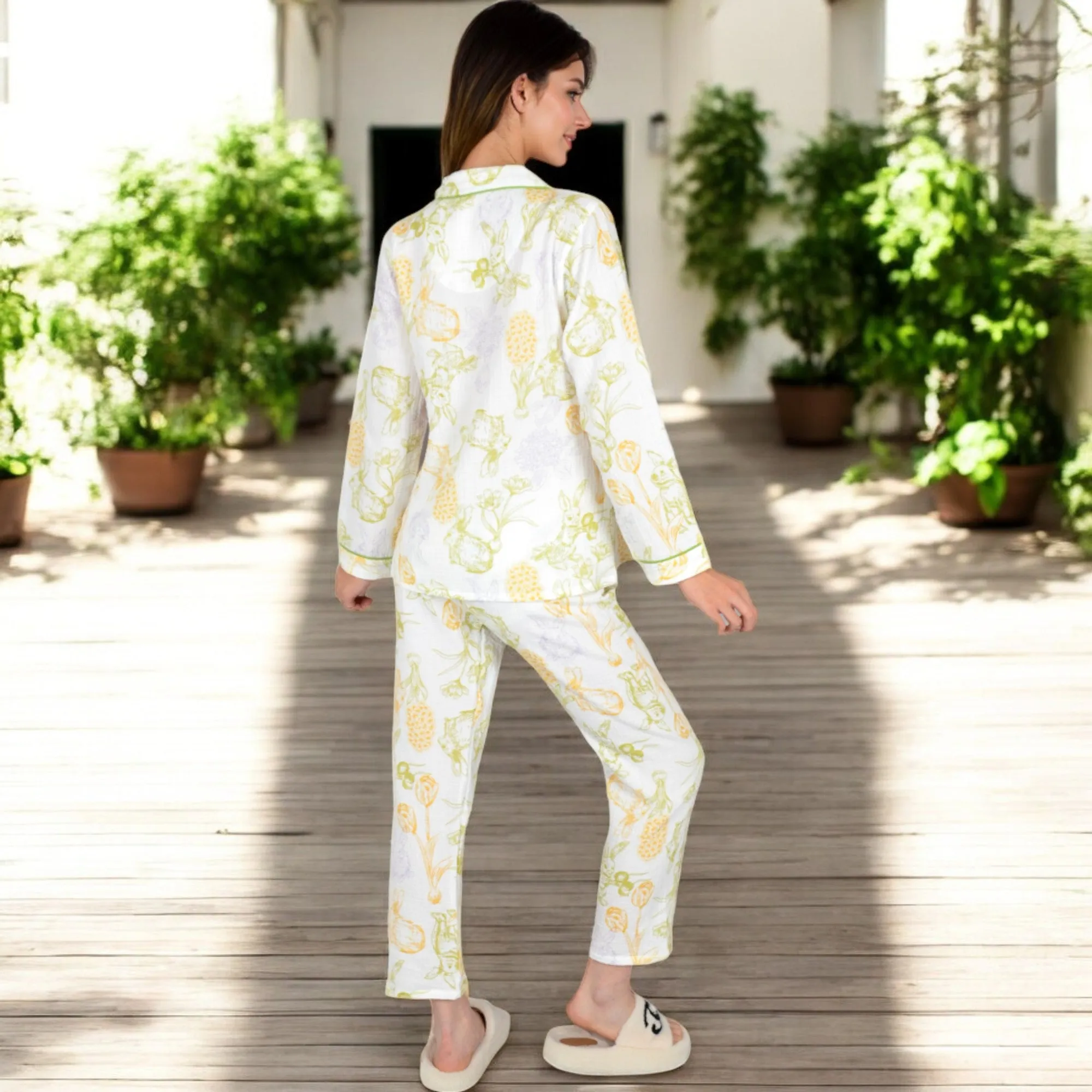 Anna-Kaci Women's Printed Gauze Pajama Set with Button-Up Shirt and Relaxed Fit Pants