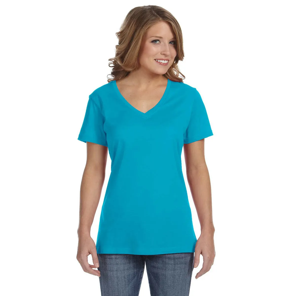 Anvil Women's Carribean Blue Ringspun Featherweight V-Neck T-Shirt