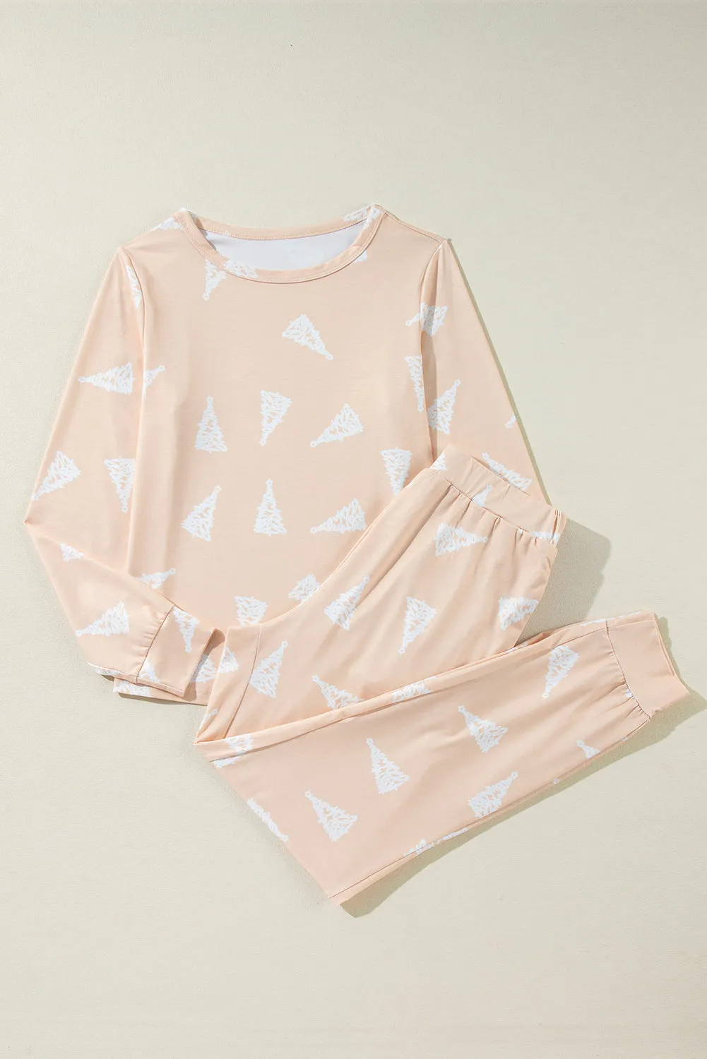 Apricot Christmas Tree Print Loose Fit Two Piece Pajama Set
