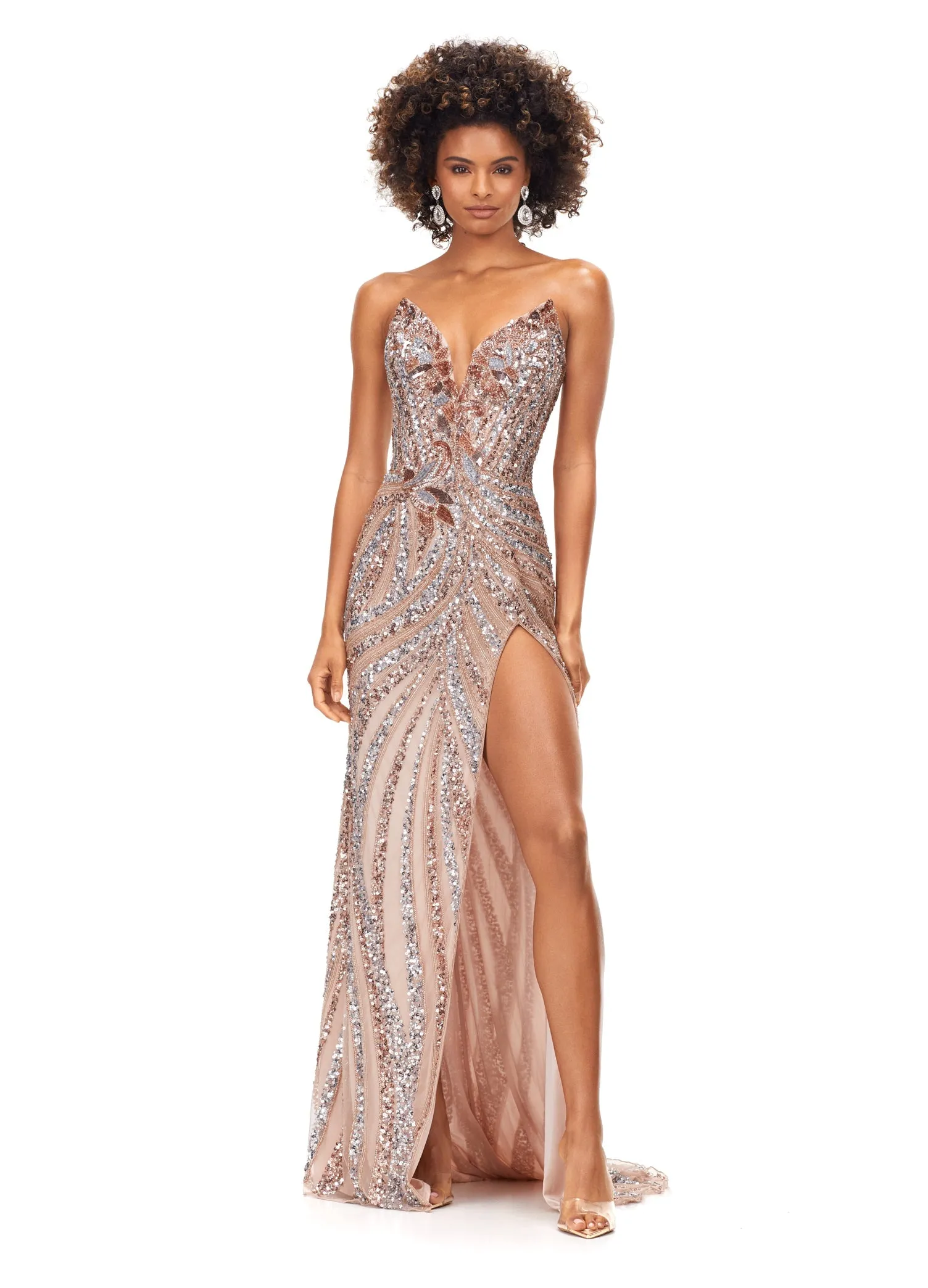 Ashley Lauren 11236 Size 00,0,6 ROYAL Long Fitted V Neck Slit Beaded Sequin Prom Dress Pageant Gown