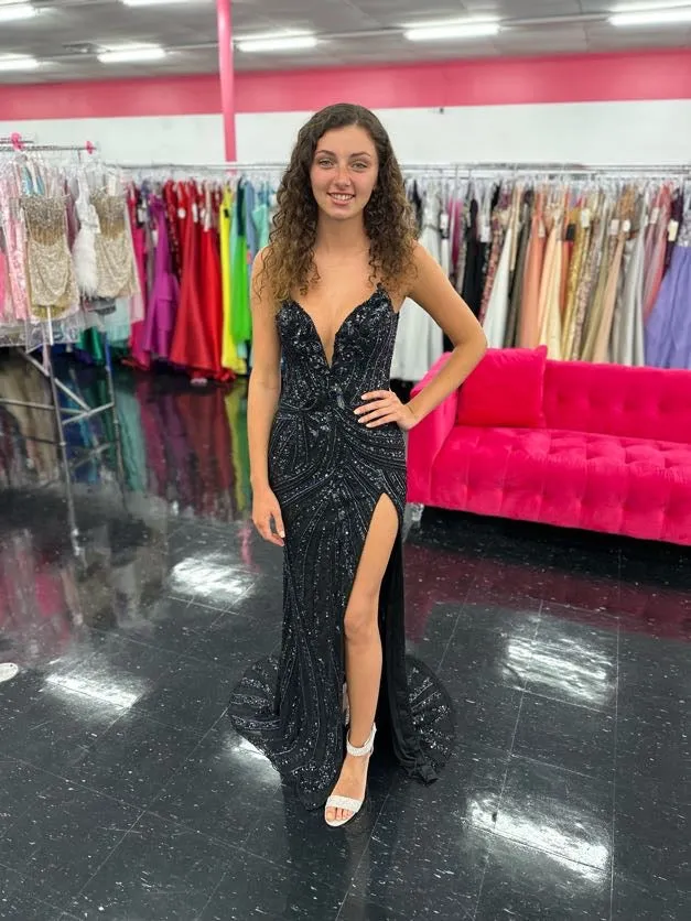 Ashley Lauren 11236 Size 00,0,6 ROYAL Long Fitted V Neck Slit Beaded Sequin Prom Dress Pageant Gown