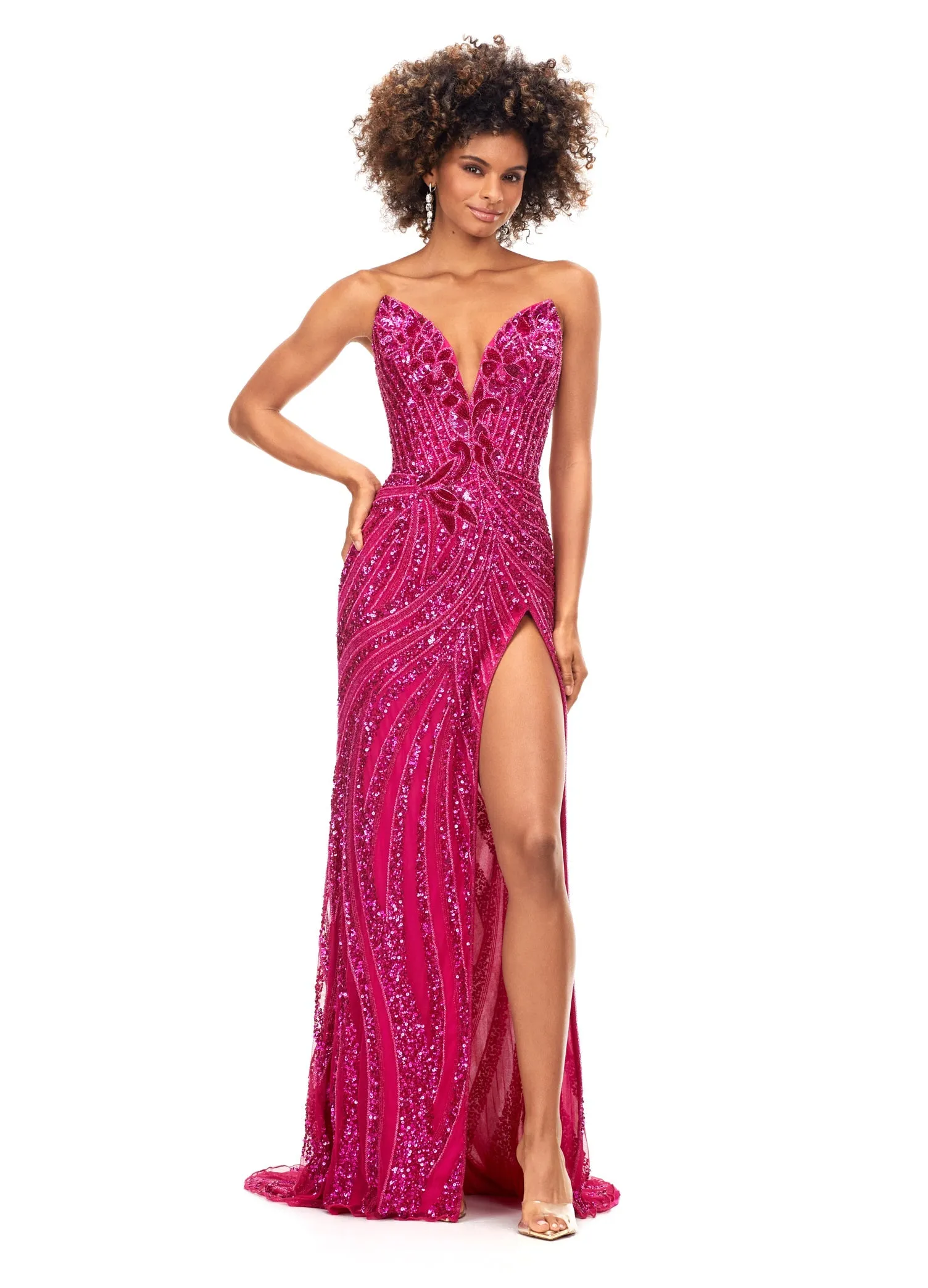 Ashley Lauren 11236 Size 00,0,6 ROYAL Long Fitted V Neck Slit Beaded Sequin Prom Dress Pageant Gown