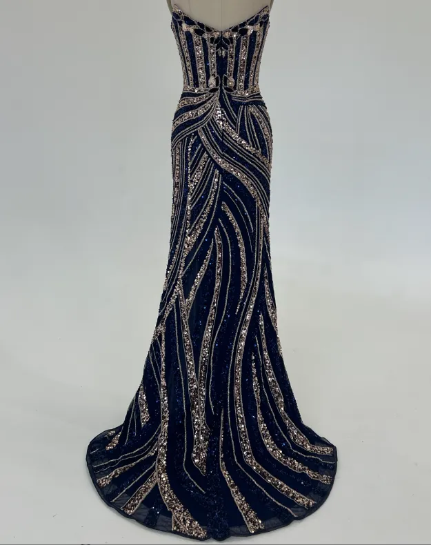 Ashley Lauren 11236 Size 00,0,6 ROYAL Long Fitted V Neck Slit Beaded Sequin Prom Dress Pageant Gown