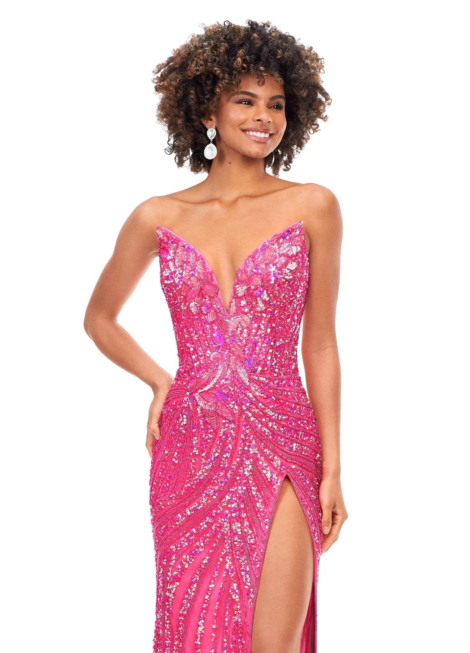 Ashley Lauren 11236 Size 00,0,6 ROYAL Long Fitted V Neck Slit Beaded Sequin Prom Dress Pageant Gown