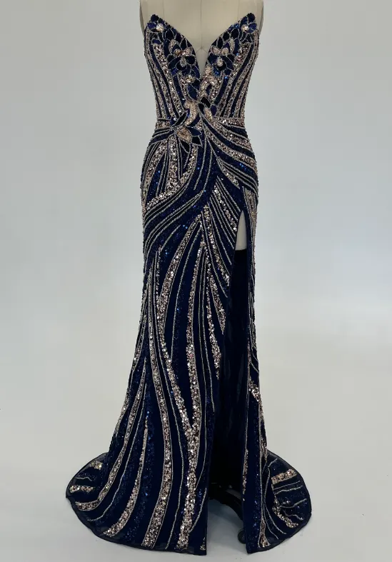 Ashley Lauren 11236 Size 00,0,6 ROYAL Long Fitted V Neck Slit Beaded Sequin Prom Dress Pageant Gown