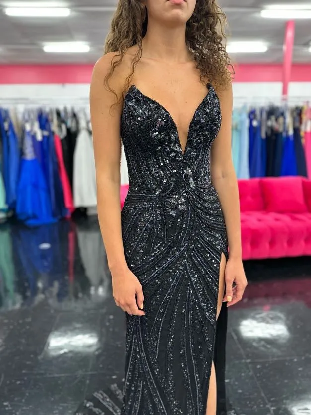 Ashley Lauren 11236 Size 00,0,6 ROYAL Long Fitted V Neck Slit Beaded Sequin Prom Dress Pageant Gown