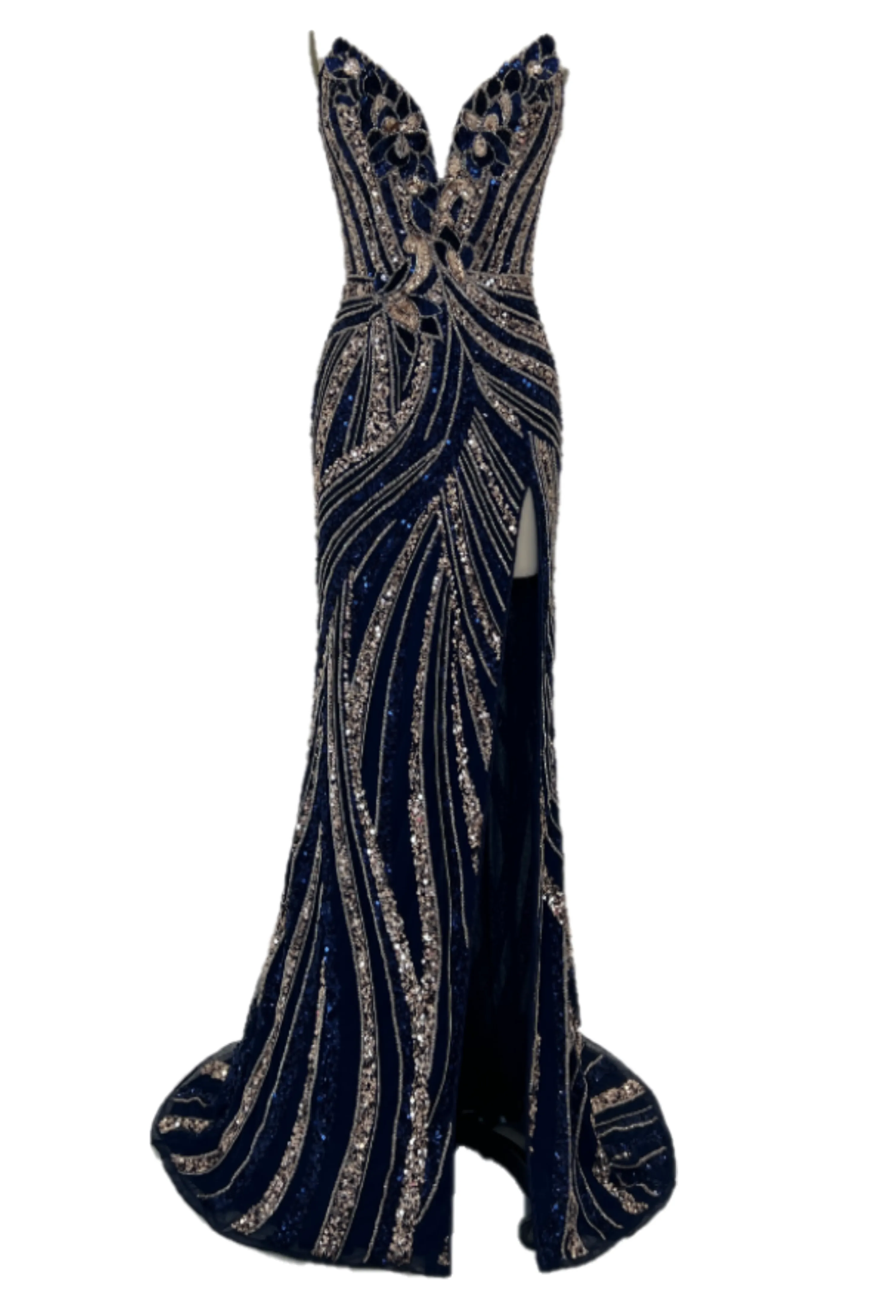 Ashley Lauren 11236 Size 00,0,6 ROYAL Long Fitted V Neck Slit Beaded Sequin Prom Dress Pageant Gown